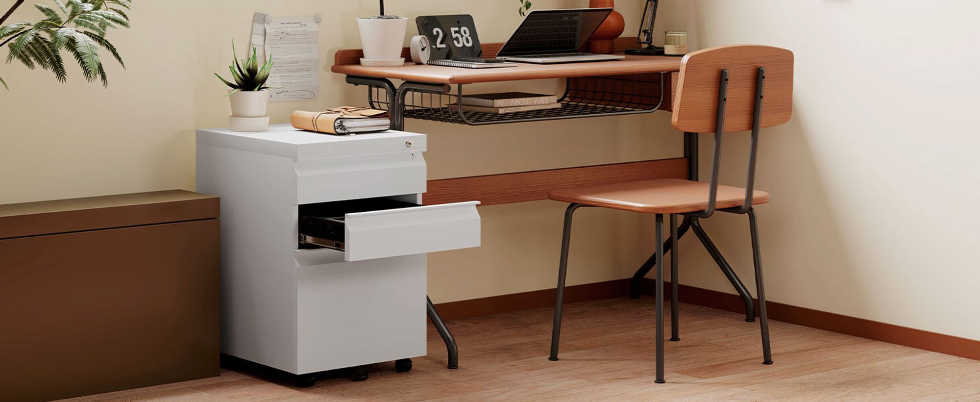 Vinsetto Aktenschrank Büroschrank mit Rädern Bürocontainer mit konkavem Griff Rollcontainer mit 3 Schubladen für Home-Office Stahl Weiß 39 x 48 x 60 cm
