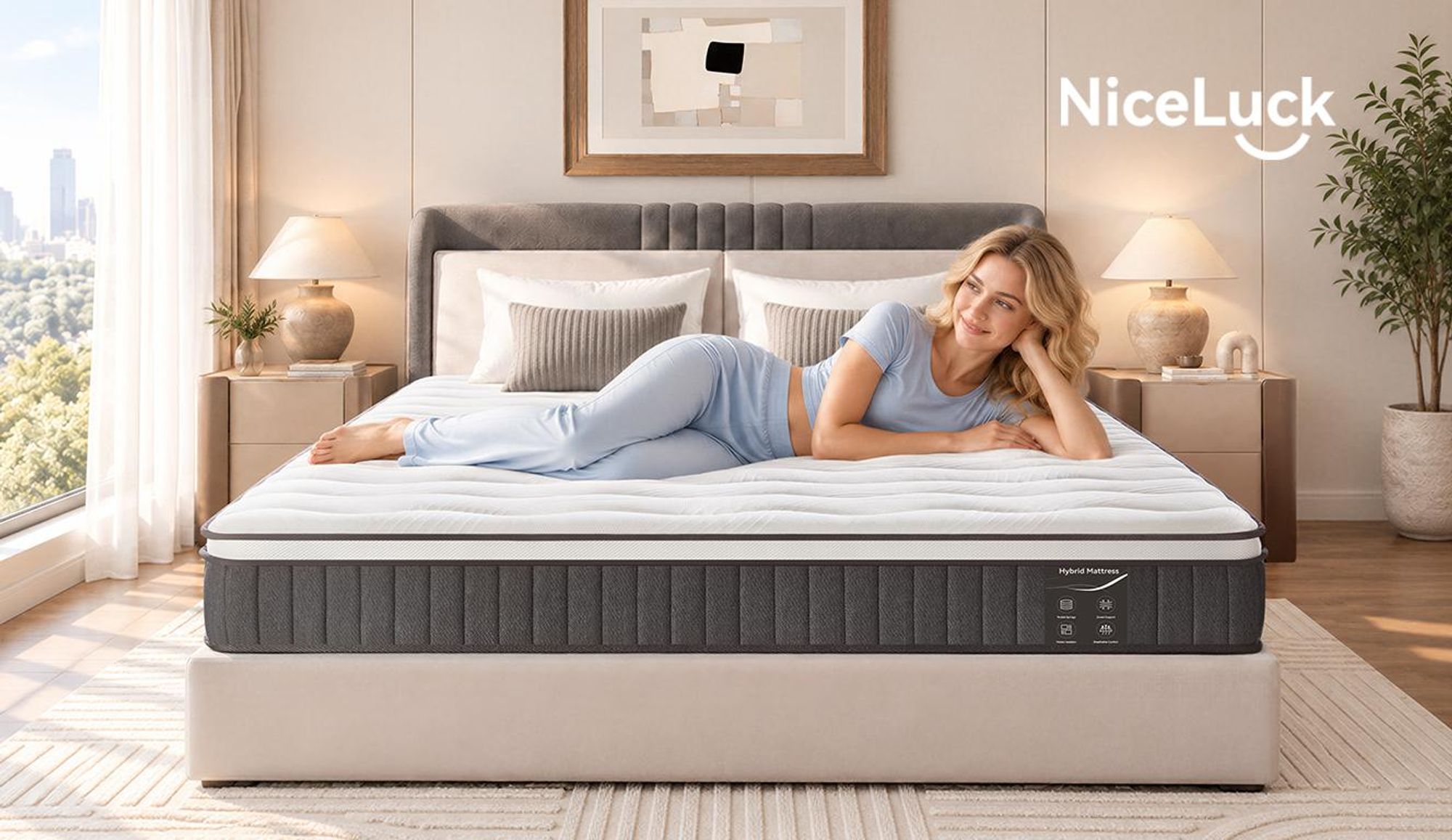 Matelas 180x200 cm, 22 cm d'épaisseur, avec sommier intégré. Matelas à 7 zones avec ressorts ensachés, fermeté H3/H4