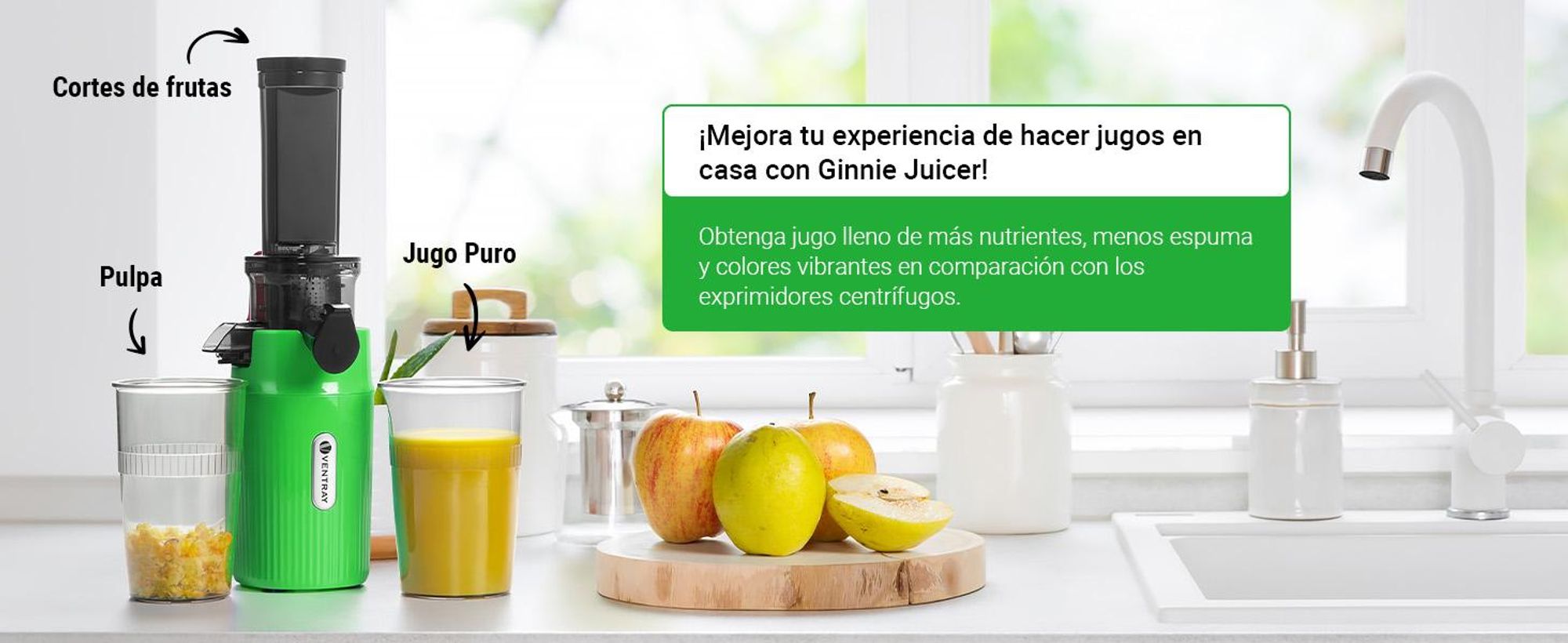 Ventray Essential: Exprimidor Ginnie, tipo cold press, funcionamiento lento, compacto y silencioso (60 RPM, abertura de 45 mm), libre de BPA, con sistema de seguridad, capacidad de 400 ml