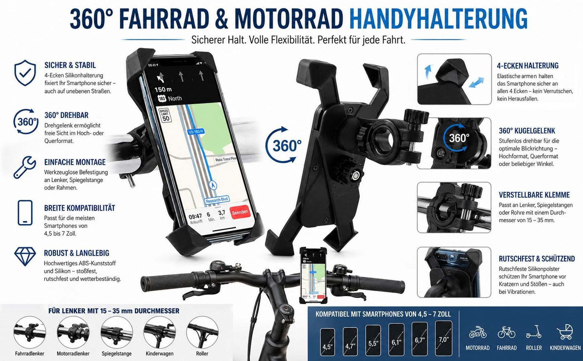 Fahrrad Halterung für Xiaomi 17 17T 15 15T 15C 14T 14c 14 13 13T 13c A3 A4 A5 Redmi Note Pro Ultra 4 Ecken Handyhalterung Lenker Halter 360° drehbar