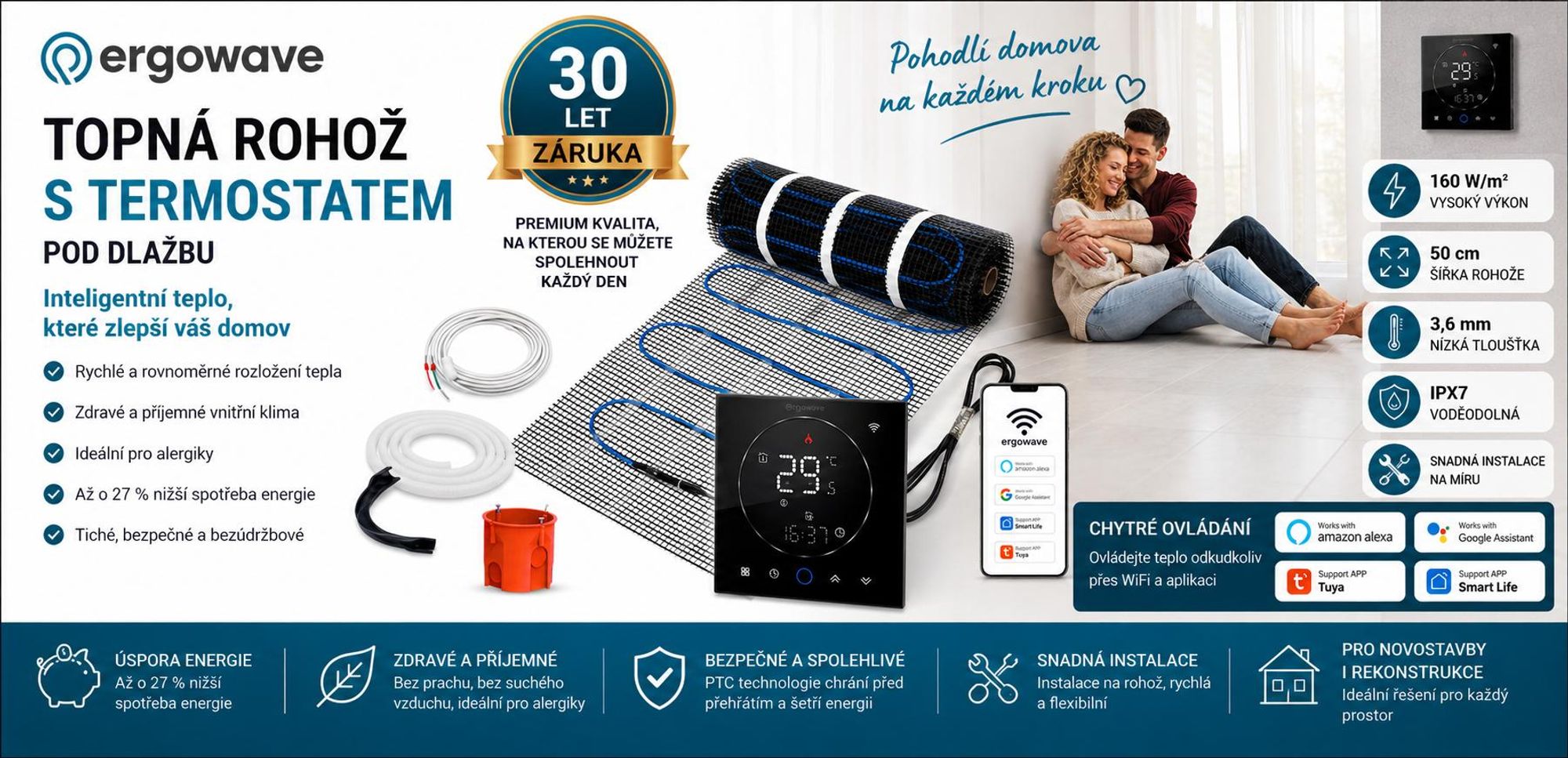 Topná rohož do koupelny 160 W/m² + termostat CLEAR WiFi, rohož
