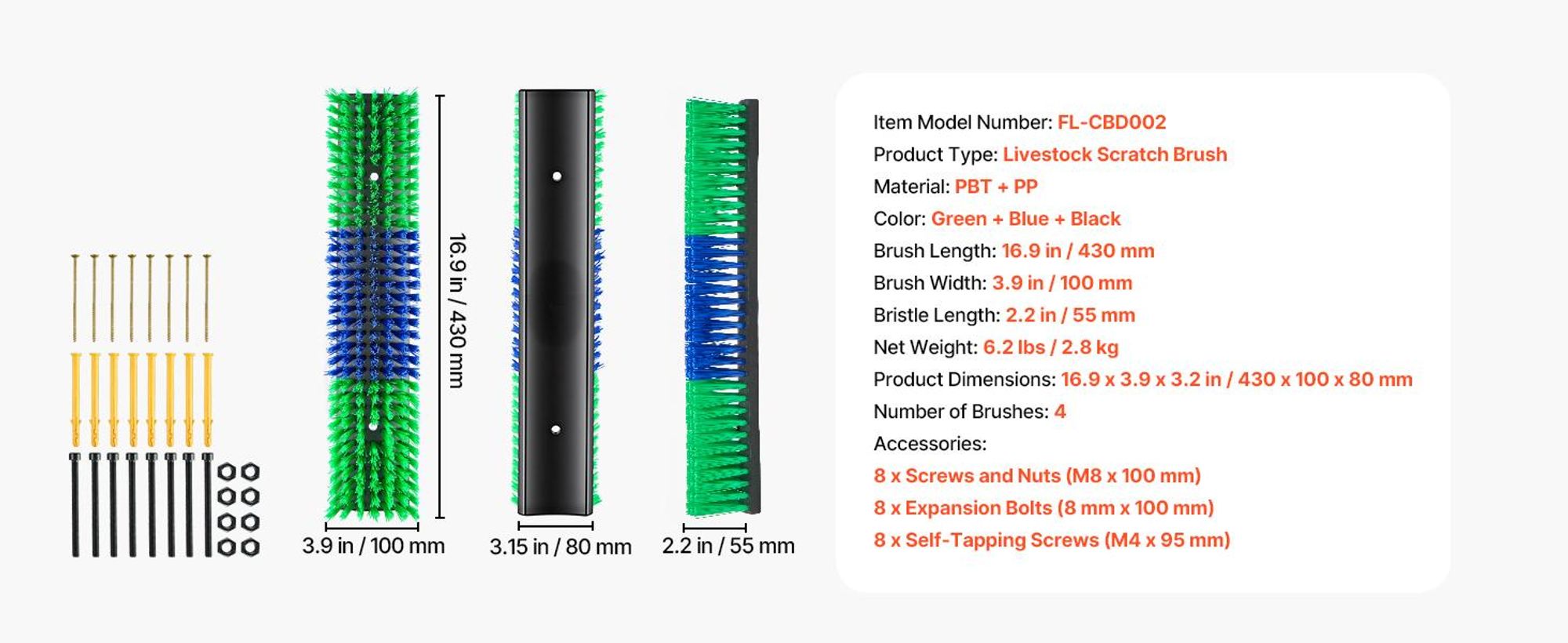 VEVOR Kratzbürste 43x10 cm, Viehbürste 4 Stk. inkl. 16 Schrauben, Rinderkratzer zur Linderung von Rückenjucken, Massage-& Pflege-Kratzwerkzeug für Pferde, Rinder, Schafe & Schweine, Grün & Blau