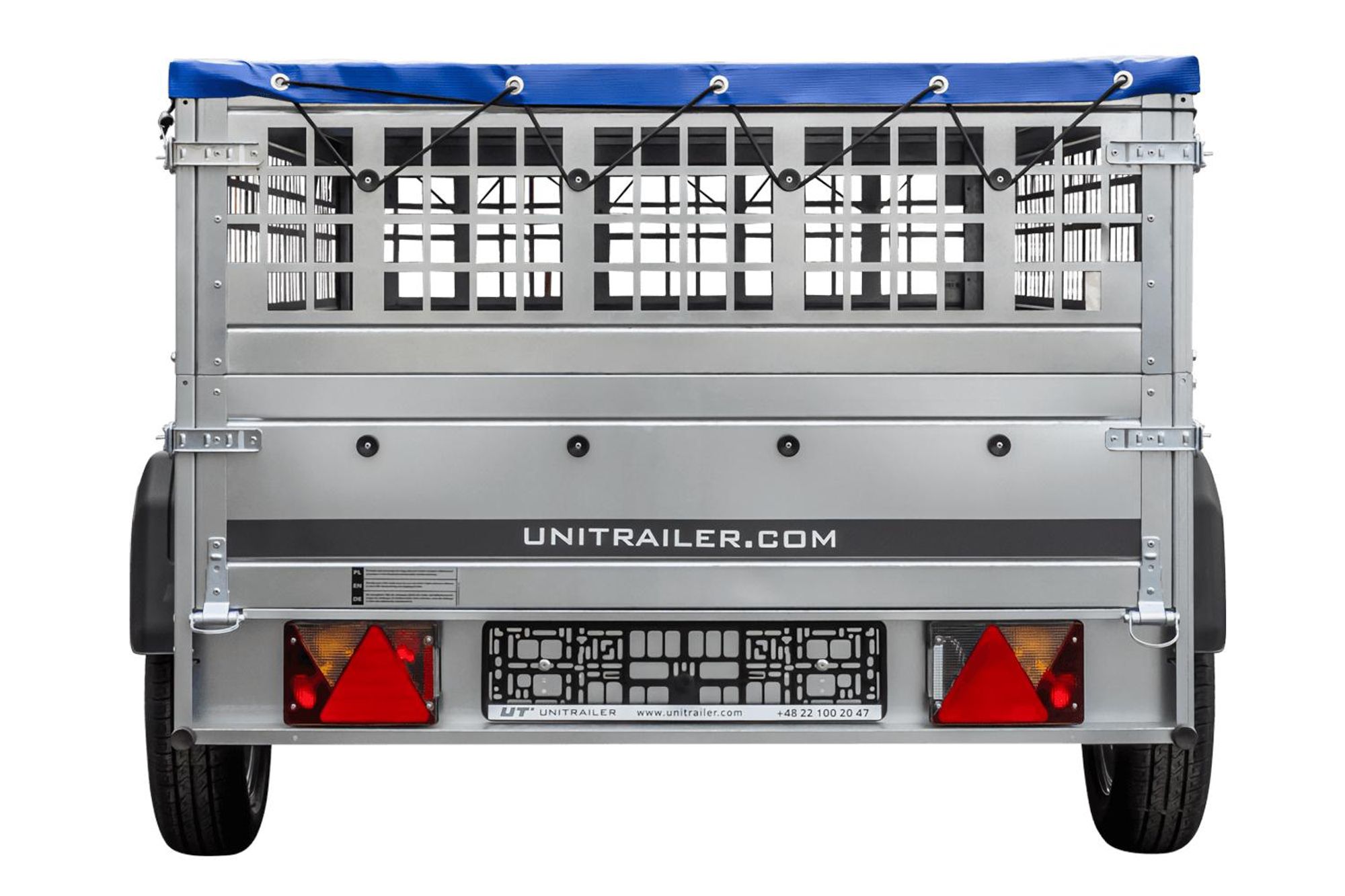Pkw Transport Anhänger 230x125 Garden Trailer 230 KIPP mit Laubgitteraufsatz, blauer Flachplane und Stützrad