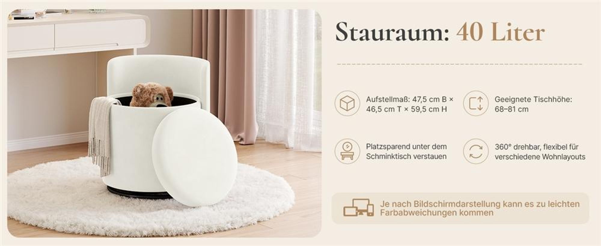 Yaheetech Drehbarer Sitzhocker mit Stauraum 40 L, gepolsterter Schminkhocker, Hocker für Schminktisch, aus Samtbezug, bis 136 kg, Weiß