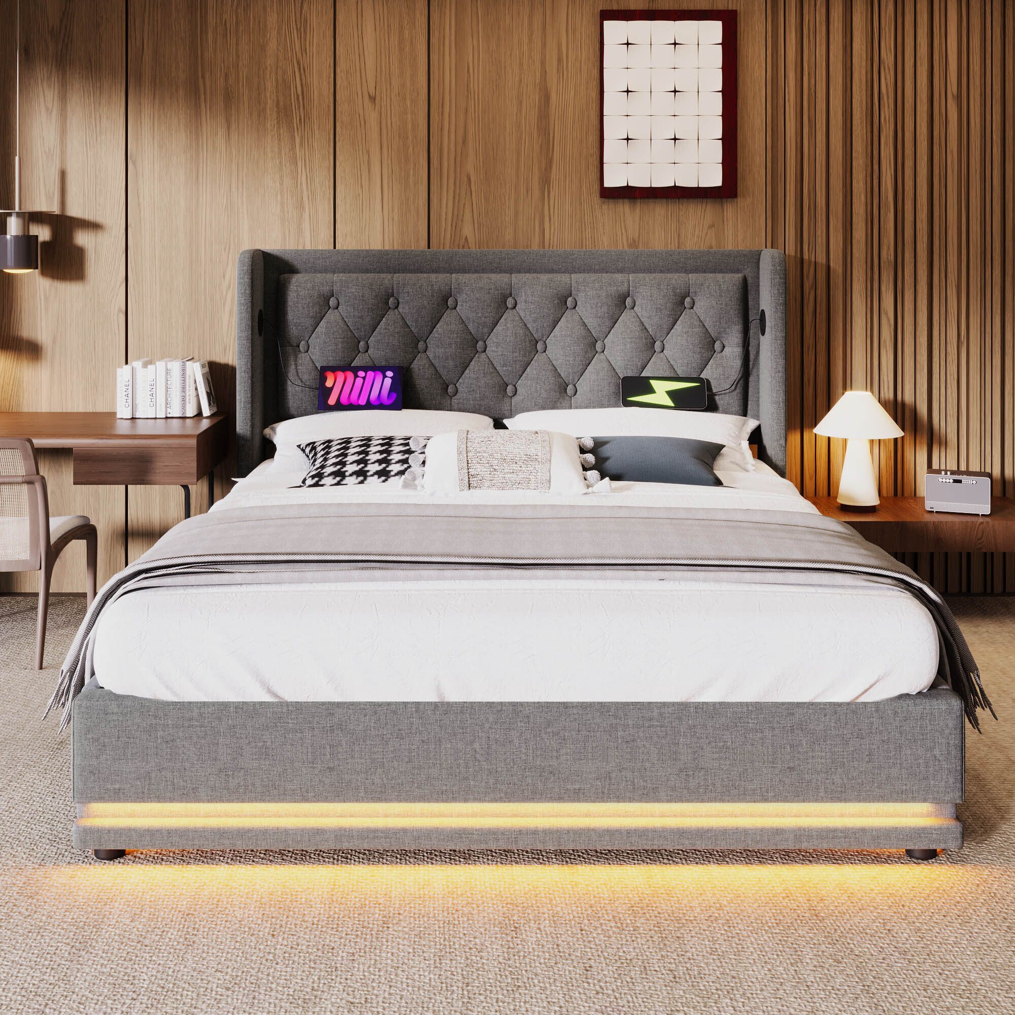 Flieks Polsterbett 160x200cm mit USB & Typ-C, Doppelbett Jugendbett mit LED, Hydraulisches Stauraumbett Boxspringbett mit Lattenrost, Baumwolle, Grau
