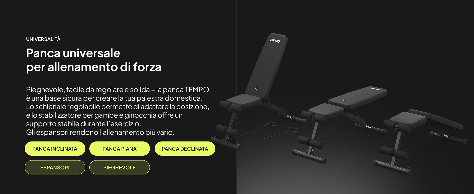 Panca pesi pieghevole Zipro Tempo – Panca da allenamento regolabile per uso domestico Panca inclinata Panca negativa con espansori Capacità di carico 230 kg Ideale per manubri