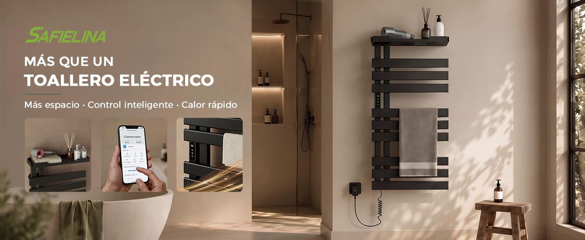 S'AFIELINA Scaldasalviette Elettrico con Ripiano 1050×500 mm 335 W Nero,Termoarredo WiFi, Riscaldamento in Fibra di Carbonio, 6 Modalità