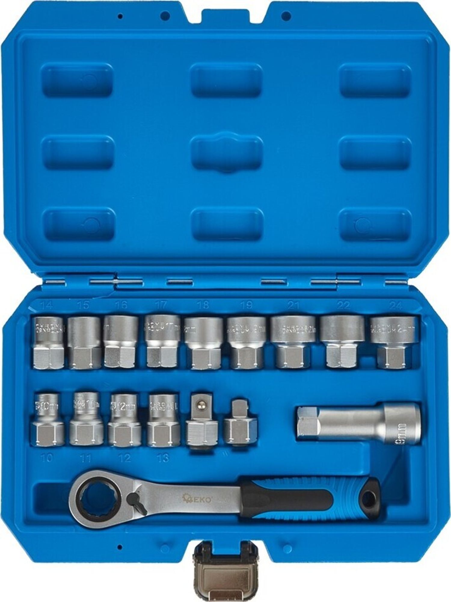 GEKO Gola sada s průchozí ráčnou, hlavice s profilem Gear Lock 10-24 mm, sada 17 ks G13552