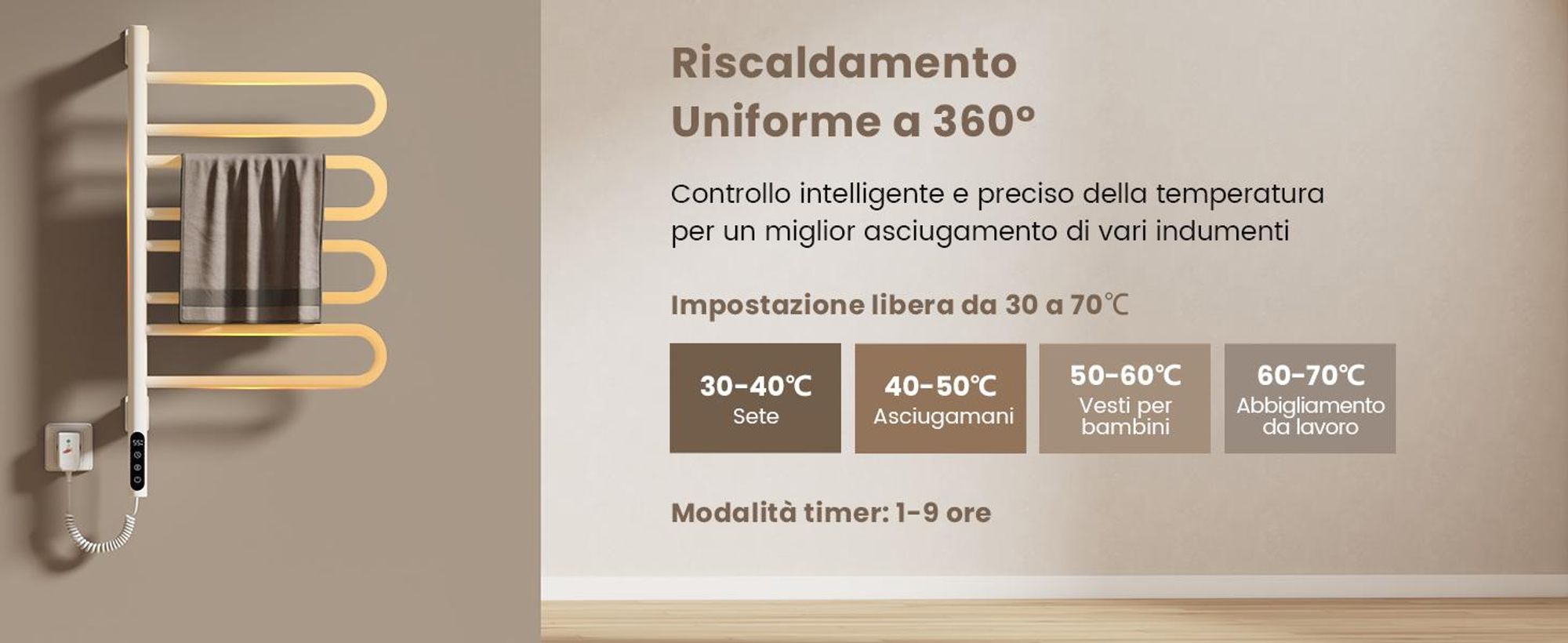 EMKE Scaldasalviette elettrico 780 x 430 x 90 mm 130W ruotabile Tubo a U Intelligent Touch LCD Tuya Alexa Radiatore da bagno Bianco Radiatore