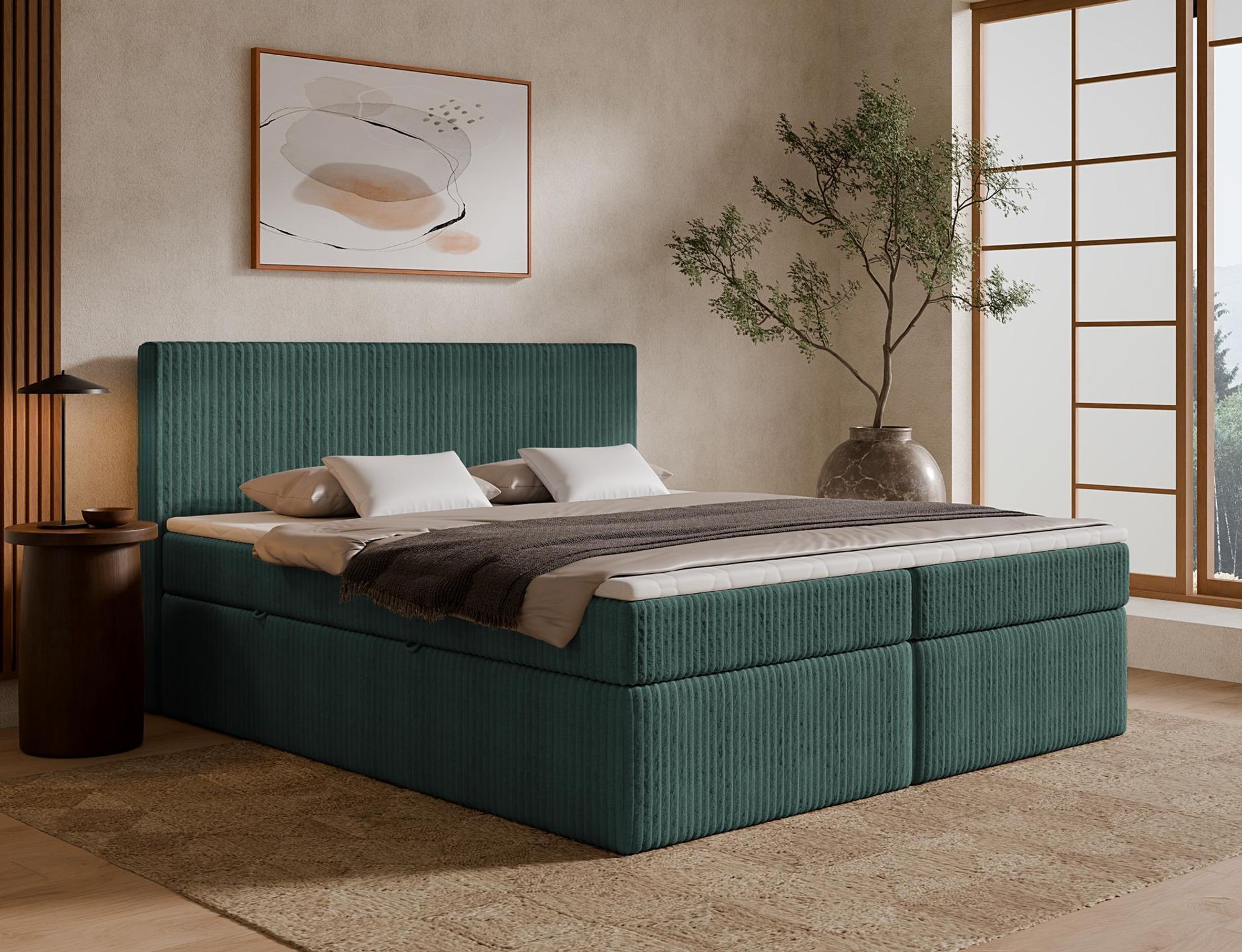 Boxspringbett TILIA ONE in Grün mit hohem Kopfteil und Bettkasten