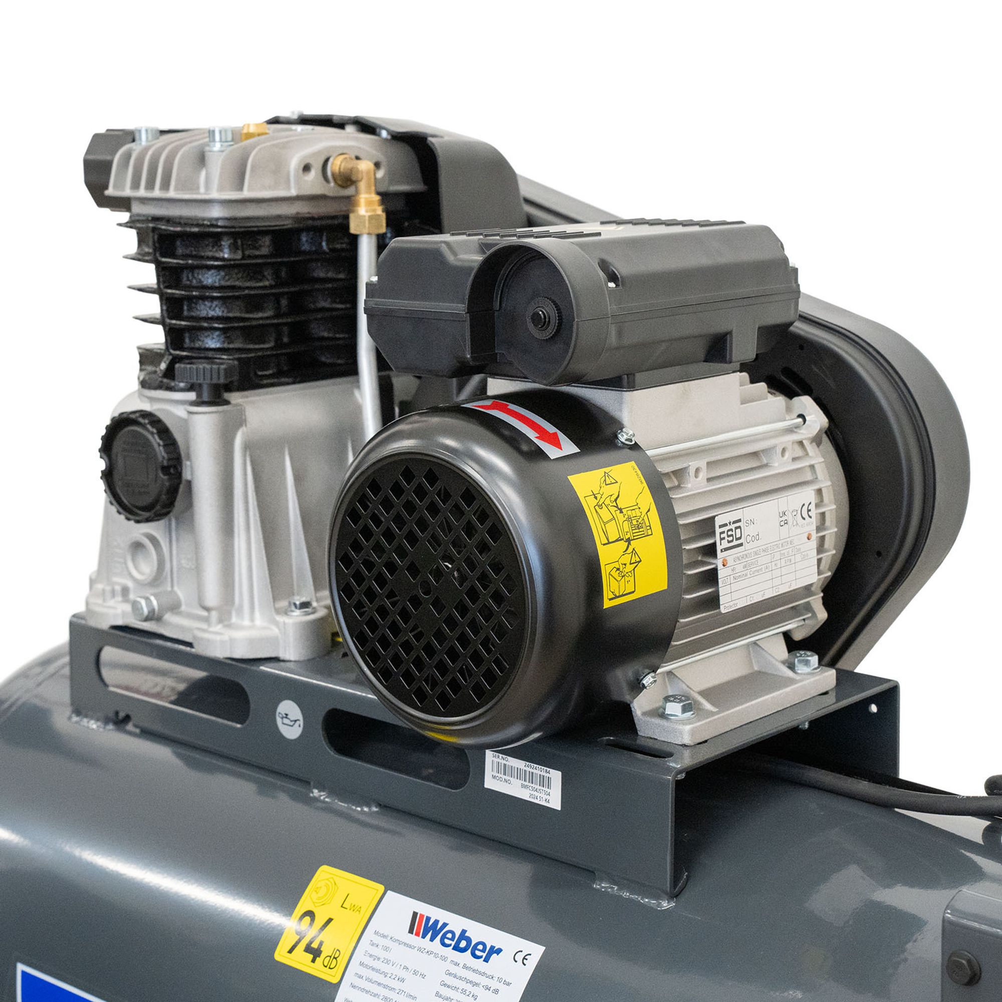 Weber Druckluft Kompressor 10 bar Arbeitsdruck 100L Tank 335 l/min grau 230 V Werkstattkompressor Schnellkupplung Druckluftkompressor