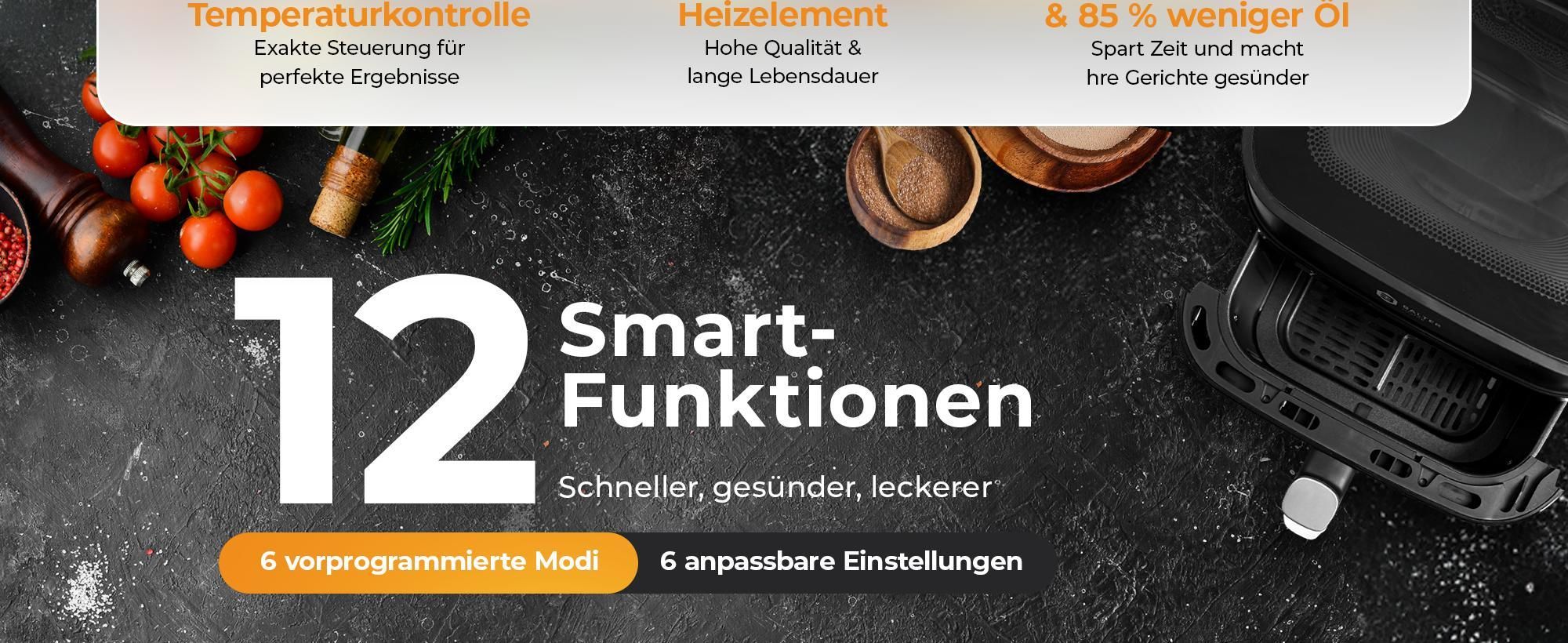 Balter Heißluftfritteuse XXL 6,5L mit Sichtfenster, 1700W, Airfryer, ohne Öl, 12 Programme, Touch-Bedienung, 100 Rezepte, Edelstahl, Schwarz