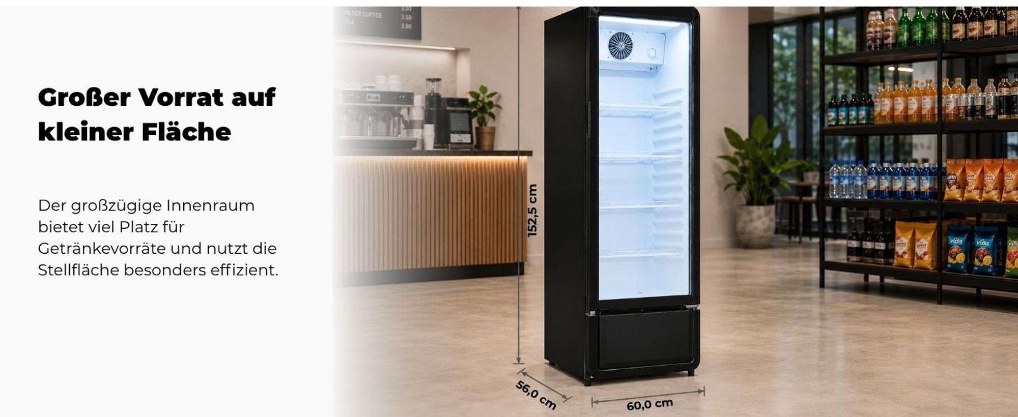 Exquisit Glastürkühlschrank, 240l Getränkekühlschrank mit LED, Umluft, 4 verstellbare Ablagen, CoolPro, GKS5220-GT-431D schwarz