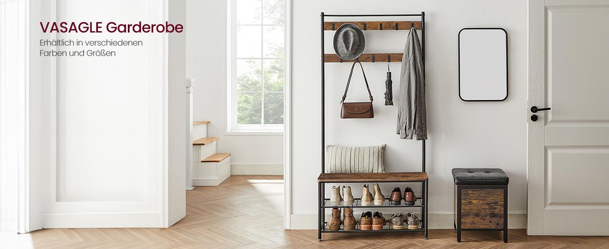 VASAGLE Garderobenständer, Garderobe, Kleiderständer, mit Schuhbank, 3-in-1 Design, Stahl, für Eingangsbereich, Flur, 32 x 85 x 175 cm, Industrie-Design, vintagebraun-schwarz HSR401B01