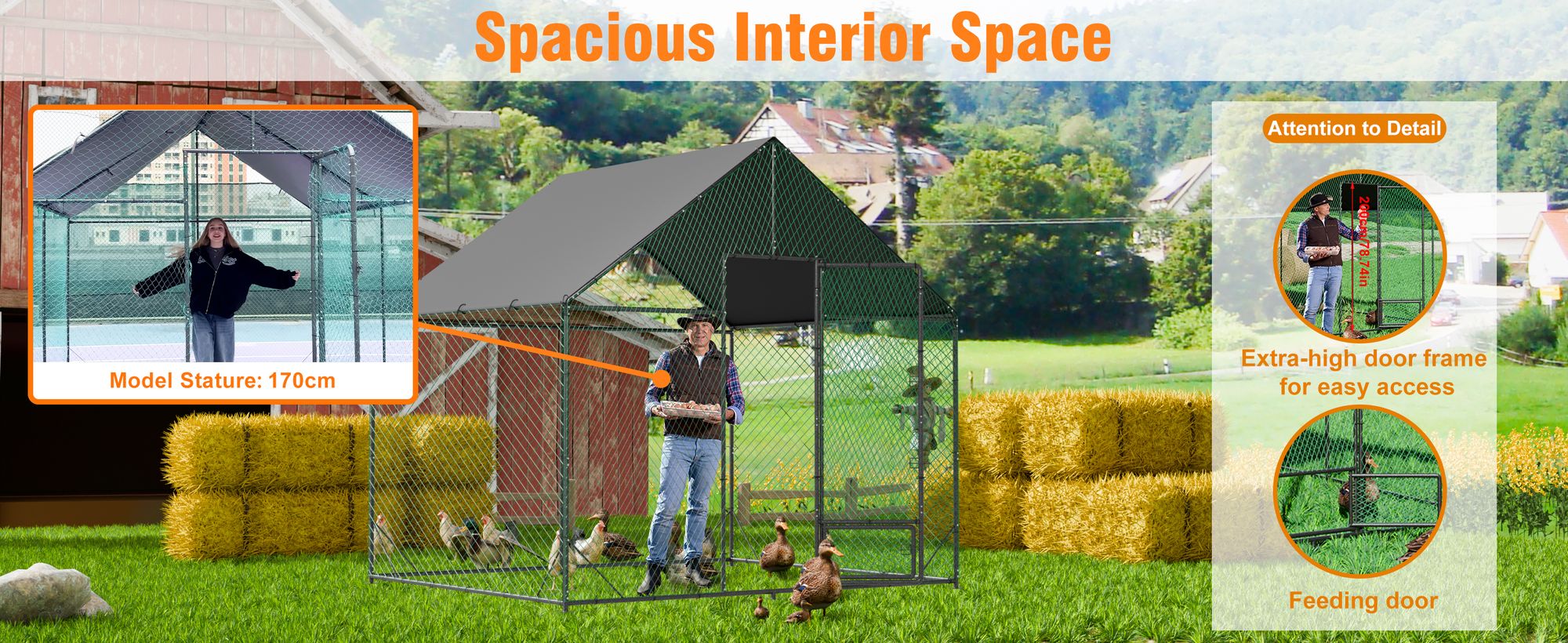WISFOR 5.25㎡ Hühnerstall Kleintierstall Freilaufgehege Kleintiergehege mit Dach, 300x207x276cm, Größe: L