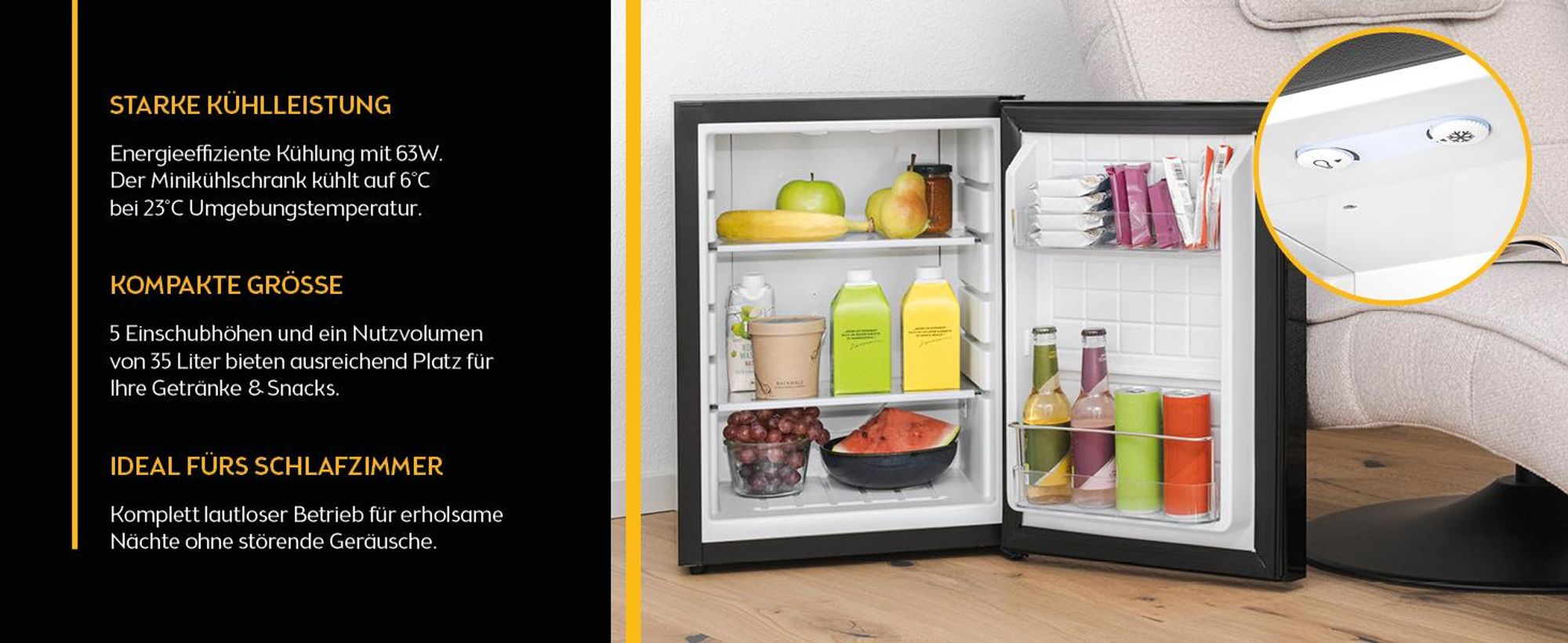 TZS First Austria - Mini Kühlschrank 40L lautlos & - Kleiner Minikühlschrank wechselbarer Türanschlag & Innenbeleuchtung - Minibar für Camping, Büro, Schlafzimmer & Hotel - Glasfront