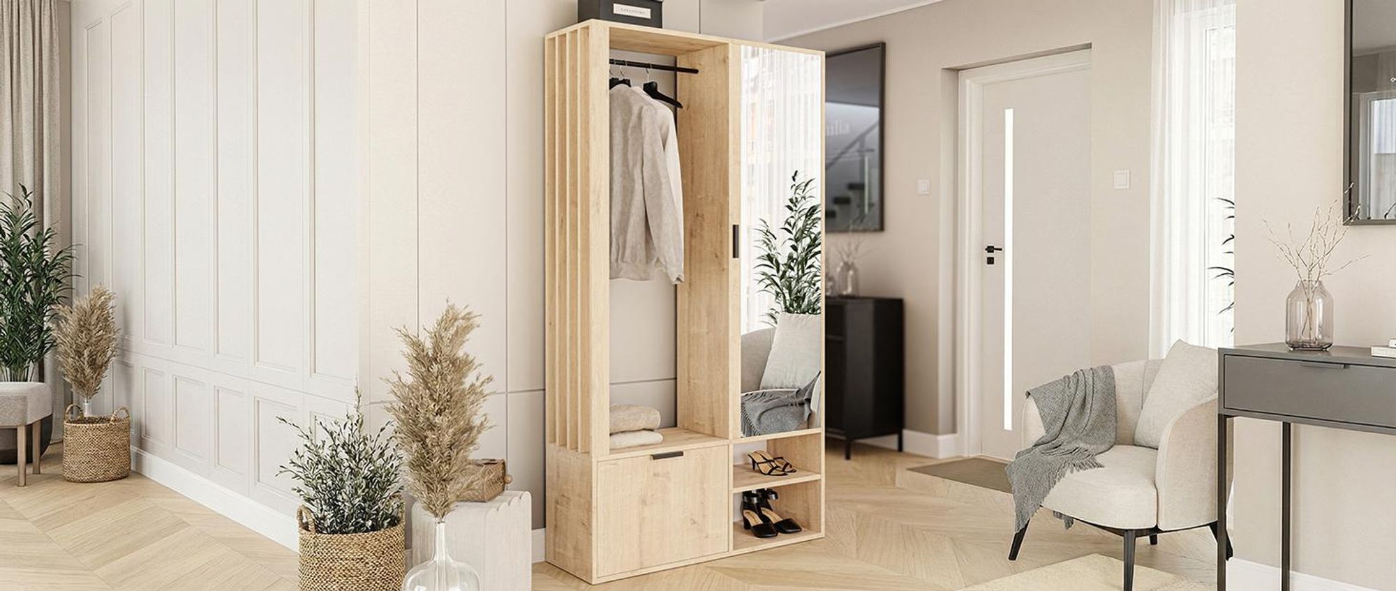 Idohome - Garderobenschrank Milo mit Spiegel, mit Ablagen und Kleiderstange, Farbe: Artisan