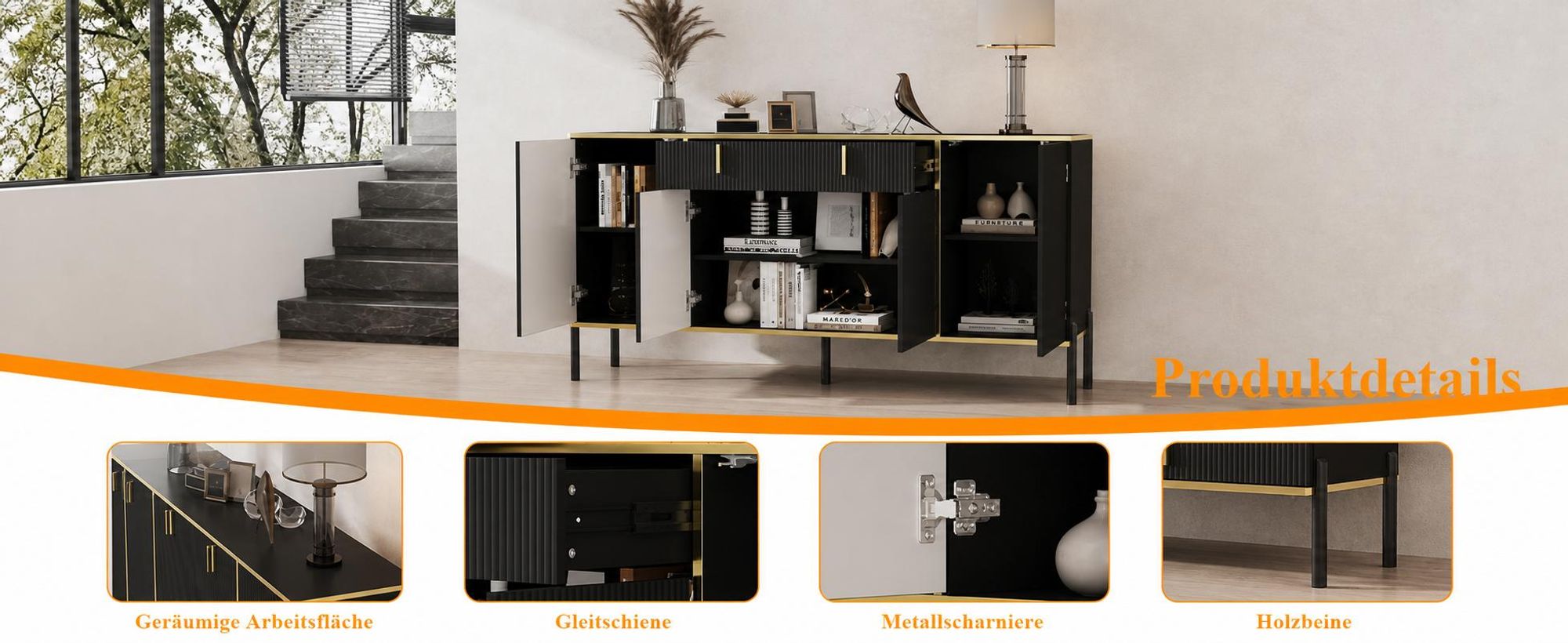 160 cm Sideboard mit 1 großen Schublade 4 Türen, Kommode mit Verstellbaren Einlegeböden, mit 5 Füßen, Schwarz und Gold, 160 x 40 x 80 cm