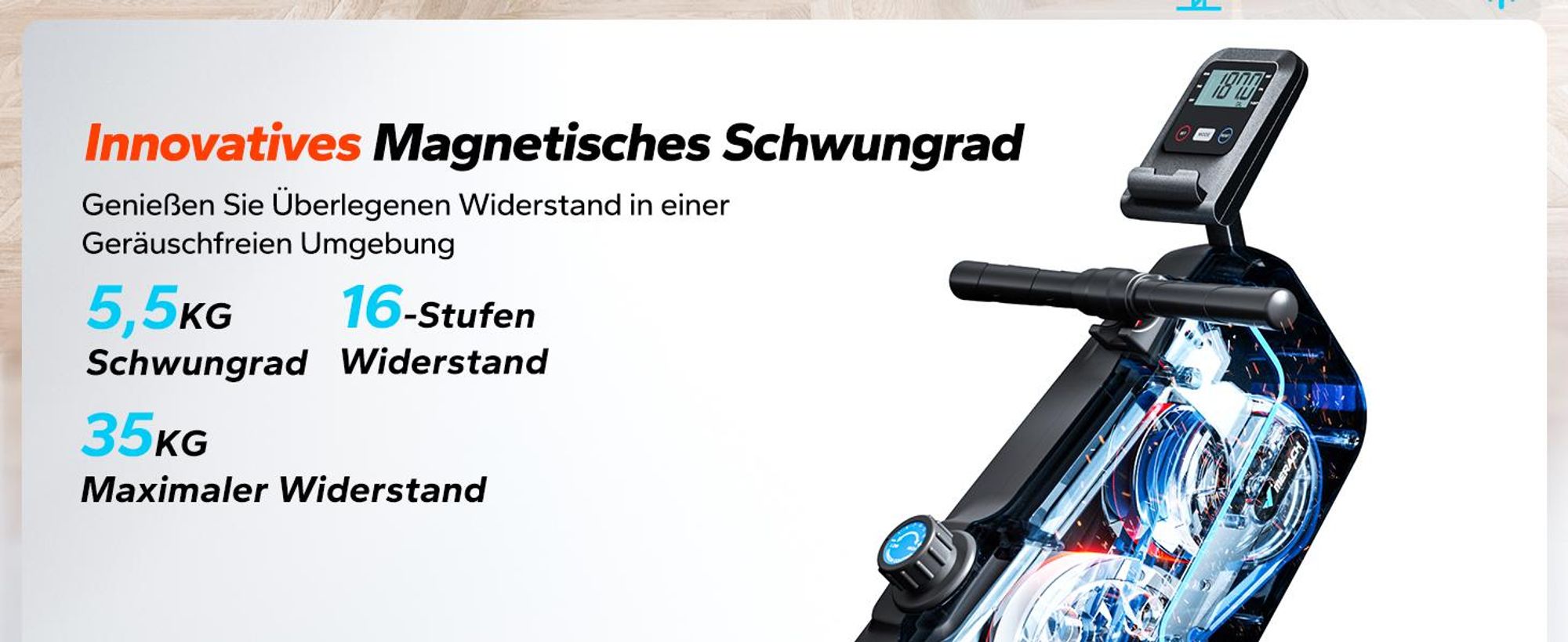 MERACH klappbares Rudergerät – leise Magnetbremse, 16 Stufen, LCD-Display & Tablet-Halter, Kinomap-App, gepolsterter Sitz, Ganzkörper-Workout