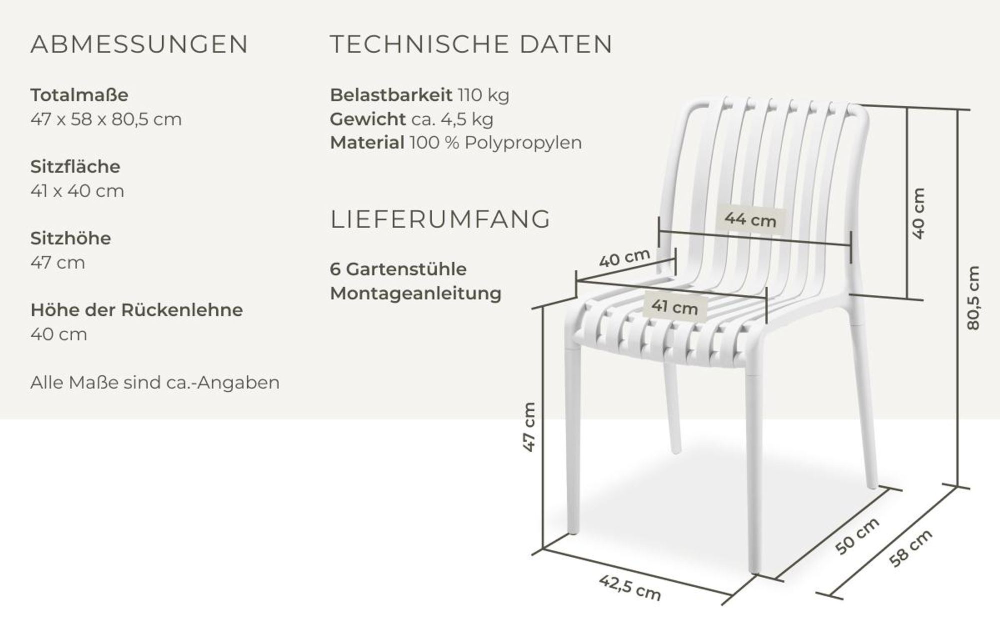 tectake® Gartenstühle Alcudia, wetterfest, stapelbar