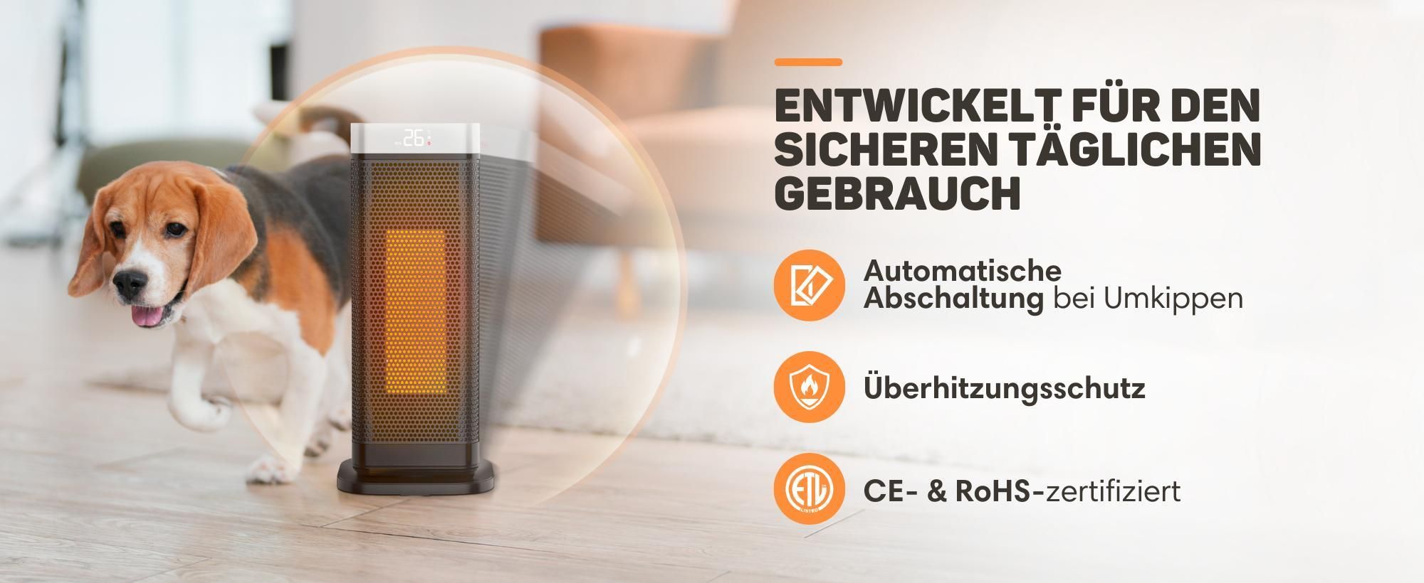 Vulpes Goods Keramik Heizlüfter, Keramische Heizung, 2000 Watt Heizung, 4 Stufen, Timer, Fernbedienung & Thermostat, Heizlüfter für drinnen, Schwarz