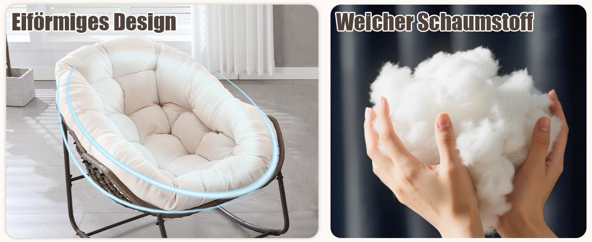 LVHOM Schaukelsessel Garten mit Kissen, 2 Stk. Rattanstühle mit Stahlrahmen, Schaukelstuhl Lounge-Schaukelsessel, Sessel für Balkon, Creme-Weiß