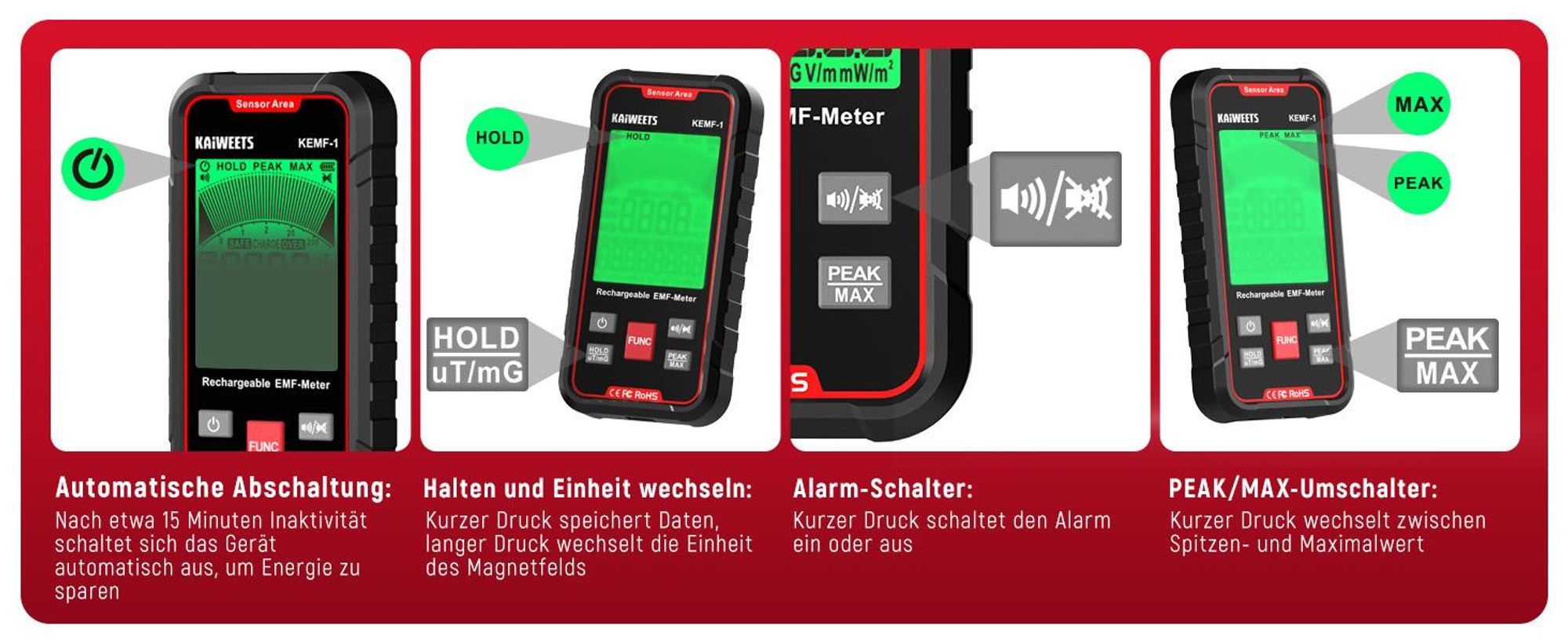 KAIWEETS EMF Messgerät 3-in-1, EF/MF/RF Strahlungstester, LCD, Typ-C Akku
