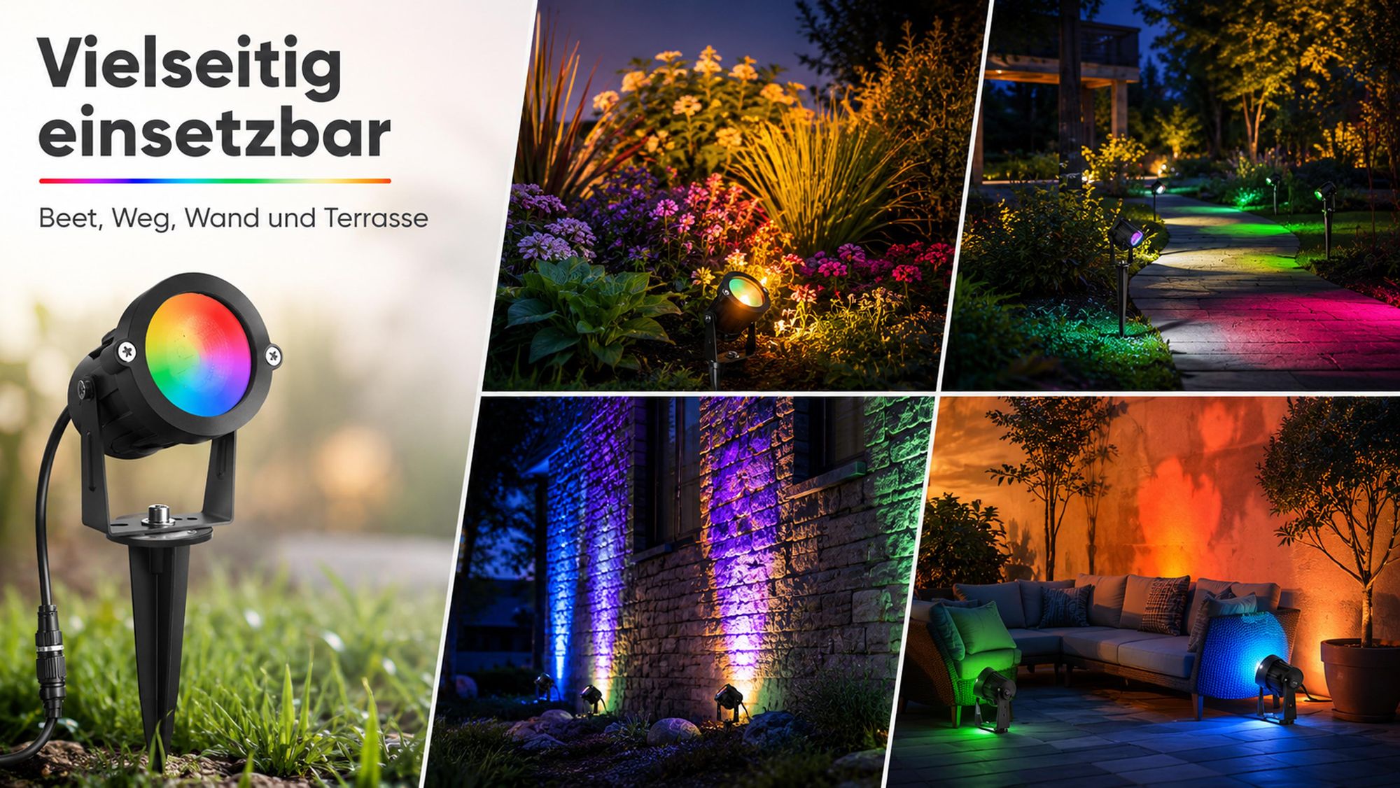 12V LED Gartenstrahler Gartenleuchte RGB, 6W, 16 Farben + Warmweiß, Fernbedienung, Memory, 90°, Gartenbeleuchtung für Garten/Hof/Bäume(4er-Pack)