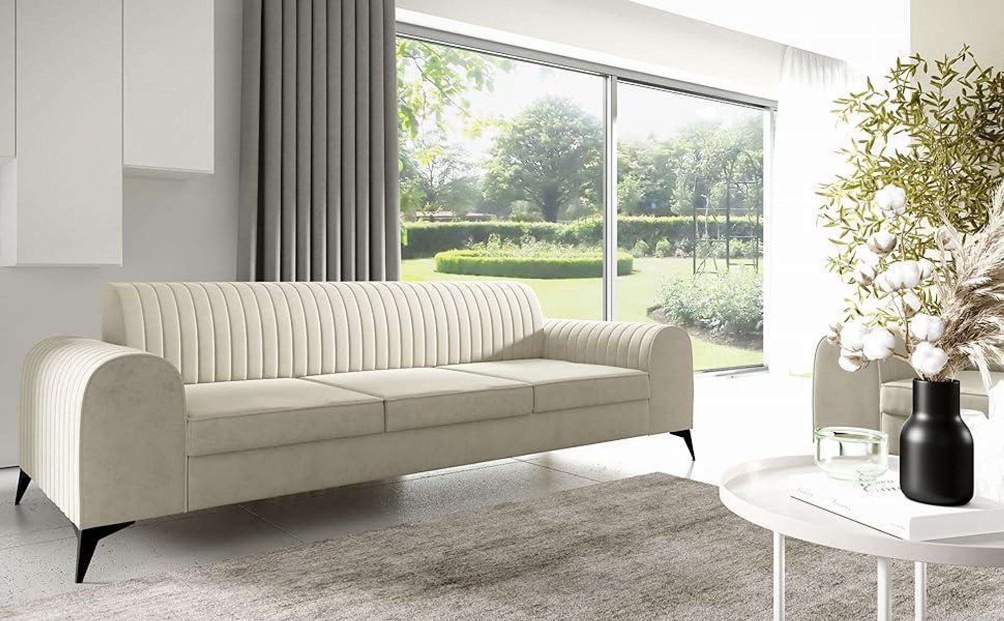LIKMA Ekrü 3 Sitzer Samt Sofa Elsa 234x77x93 cm 3-er Couchgarnitur Hydrophobe Beschichtung Velvet Moderne Wohnzimmer Couch Velours Glamour Design Stoff Fresh 01