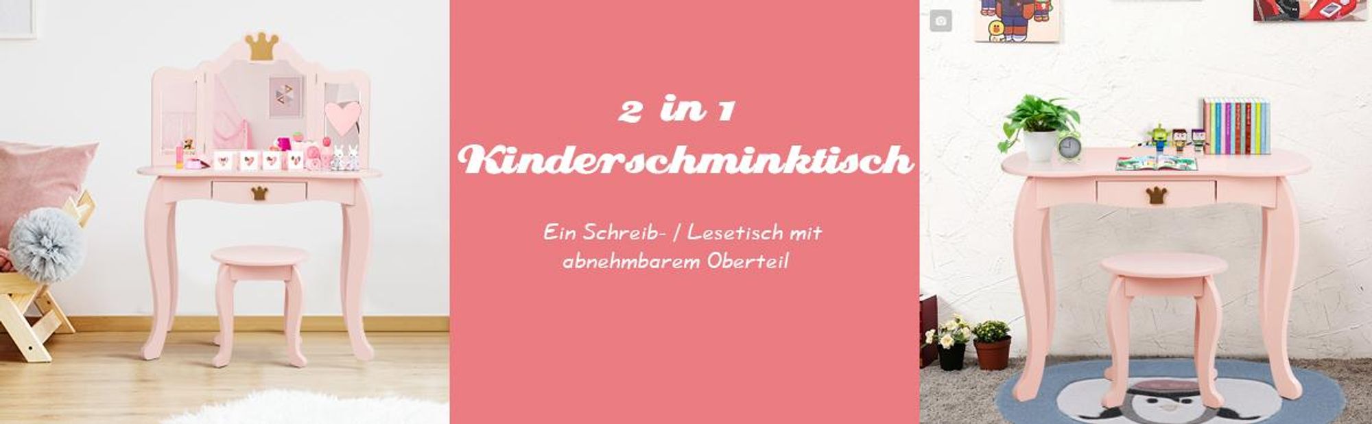 COSTWAY Kinder Schminktisch mit Hocker, abnehmbarer Spiegel & Schublade, Frisiertisch Holz, Kindertisch, Spiegeltisch 80x42x106cm Weiß