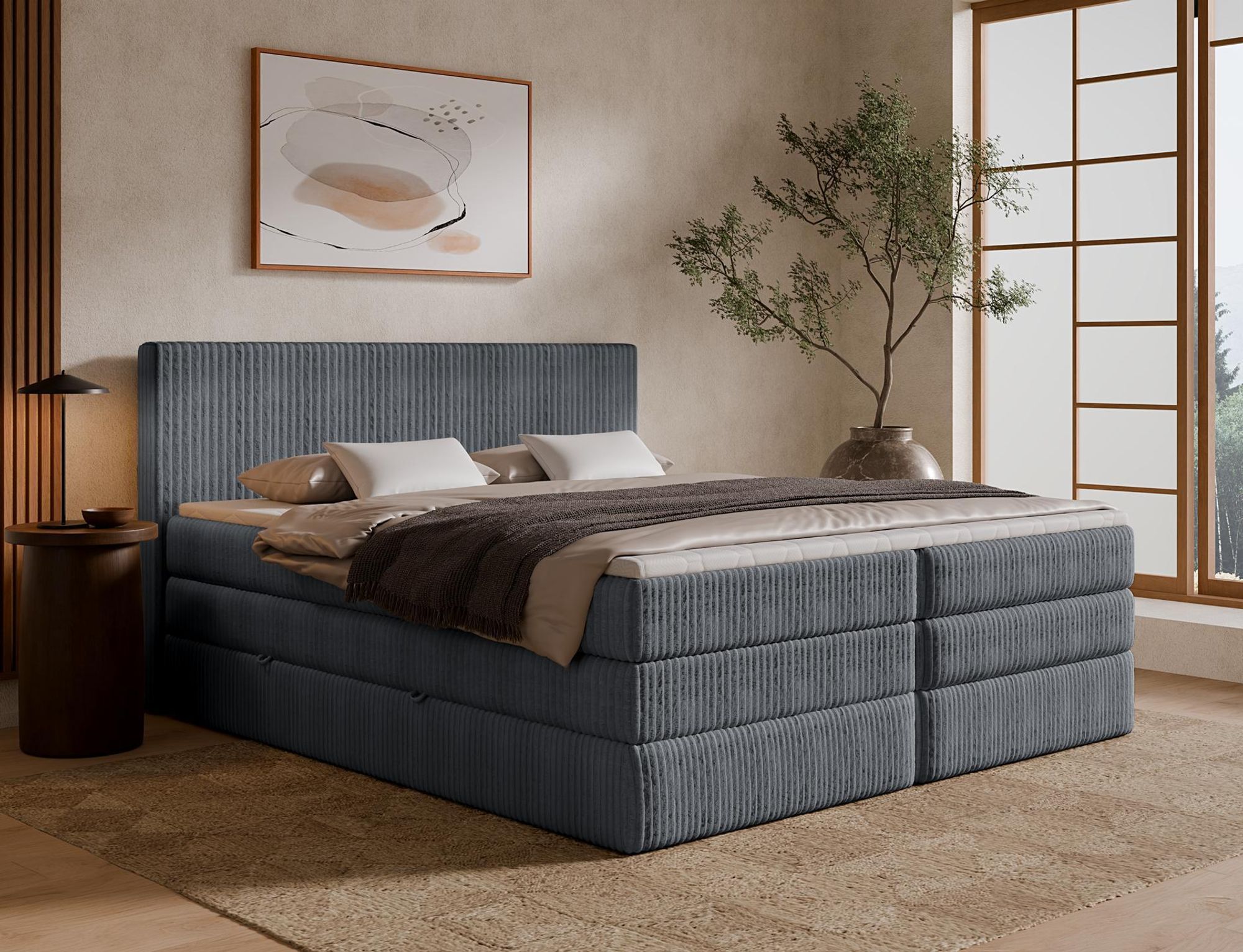 Boxspringbett Tilia DUO in Grau mit Bettkasten und gepolstertem Kopfteil