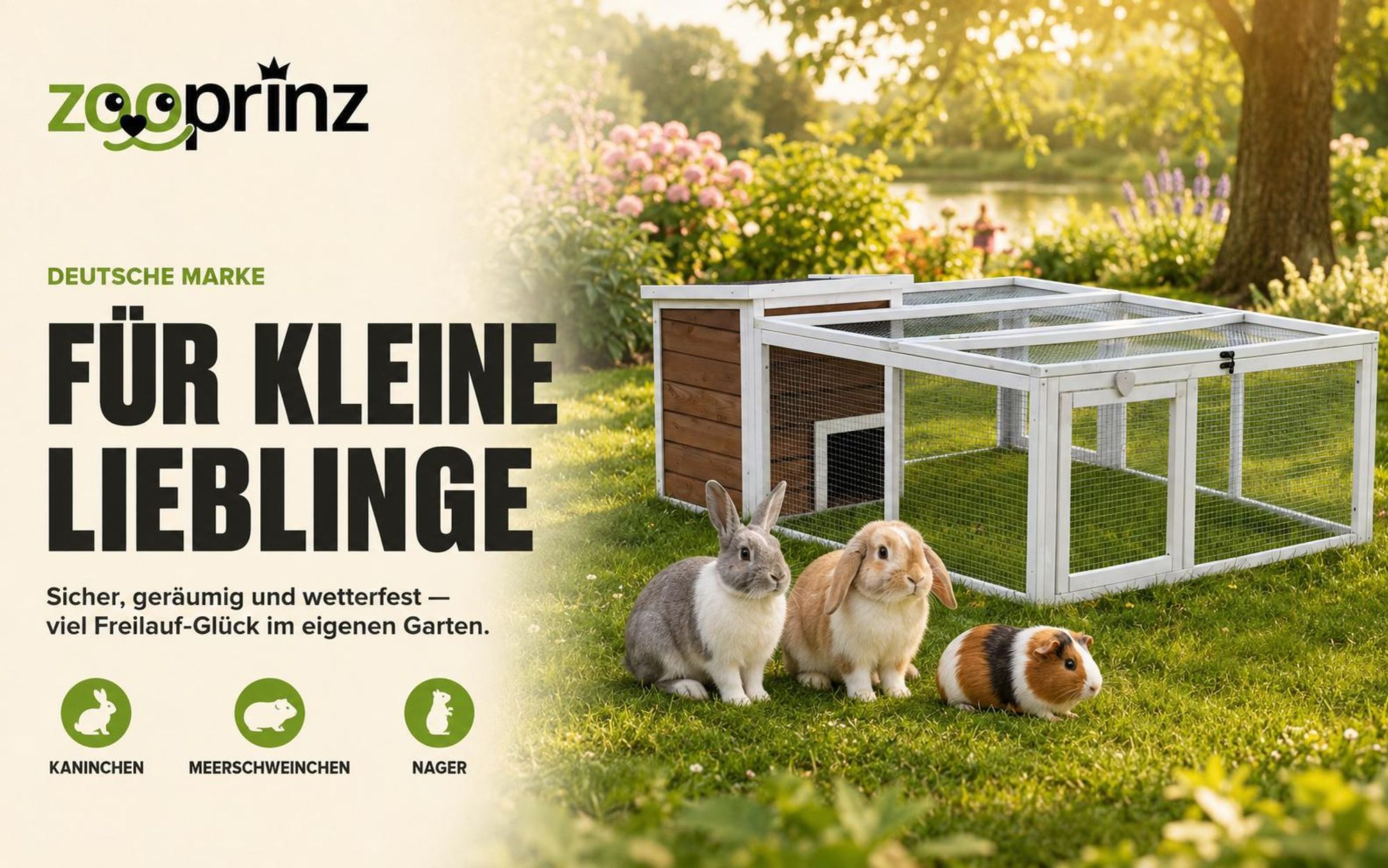 zooprinz Kaninchenstall Hasenstall Comfort L | Freilauf Auslauf Gehege | mit Haus | Wettefest | Klappdach