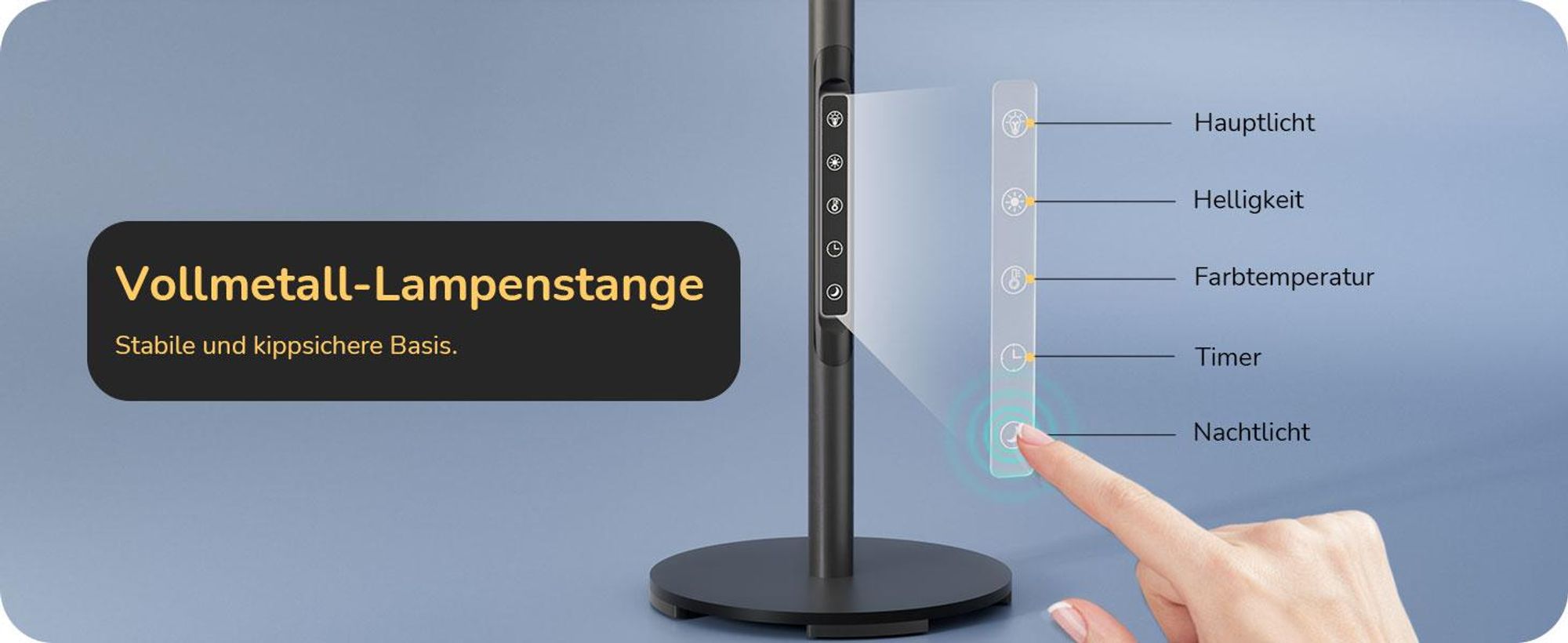 EDISHINE LED Nachttischlampe Touch dimmbar, 300° drehbares LED-Panel,Tischlampe mit Timer