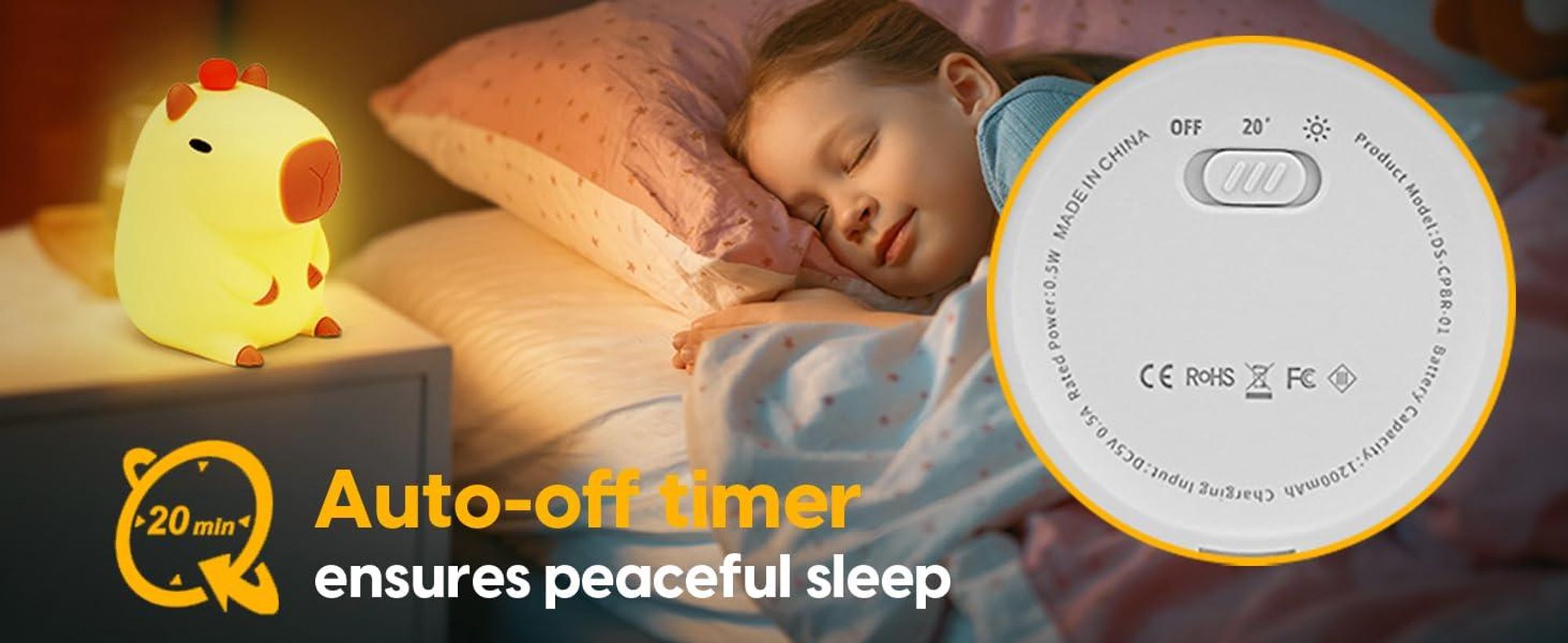 LED Nachtlicht Kinder, Kawaii Capybara Lampe, 2 Dimmstufen, Touch Timing, USB Wiederaufladbare Nachtlicht aus Silikon, Nachttischlampe, Stilllicht