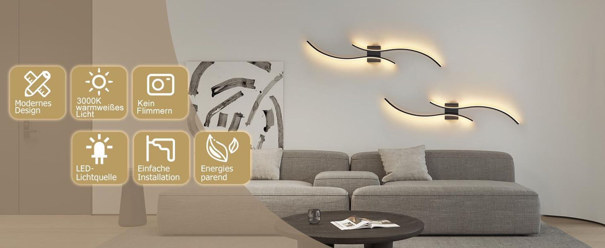 ZMH Wandlampe LED Wandleuchte Innen 14W Flurlampe 100CM Schwarz Treppenhauslampe Modern Welle Design 3000K Warmweiß Minimalistische Wandbeleuchtung für Schlafzimmer Wohnzimmer Flur  Treppenhaus Küche