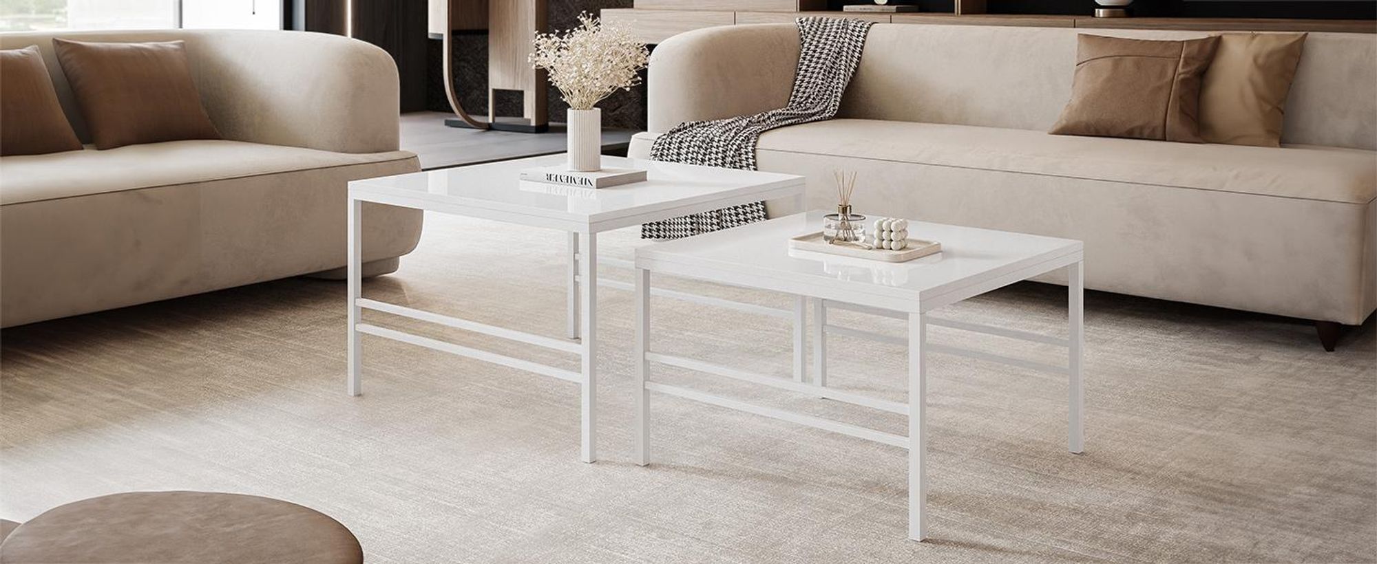 Idohome - Moderner Couchtisch FORMA 2in1 70/60 cm für das Wohnzimmer 2er Set mit Metalgestell Kaffeetisch Wohnzimmertisch Weiß / Weiß Hochglanz