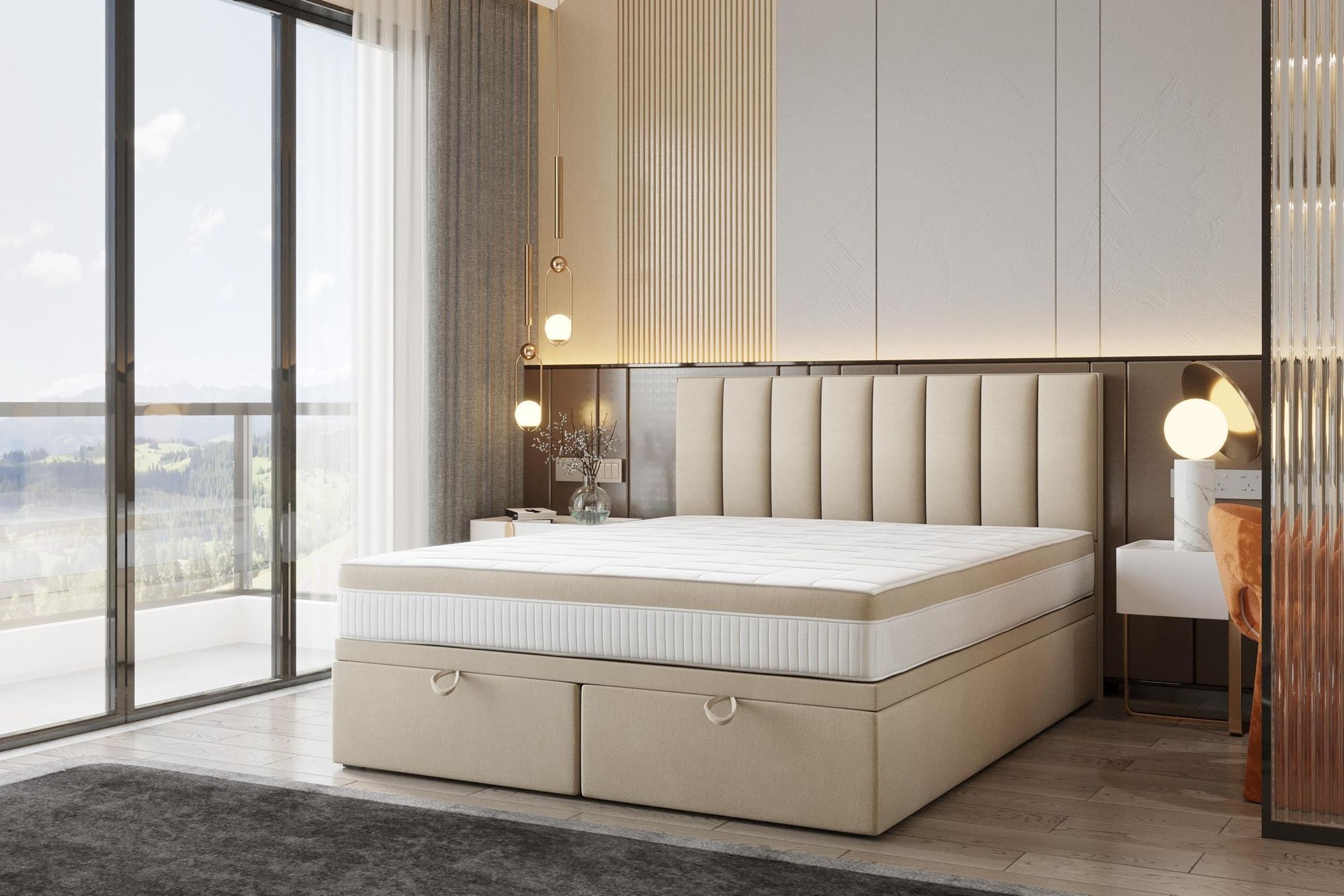 Boxspringbett Bond Beige mit Matratze in Schlafzimmer