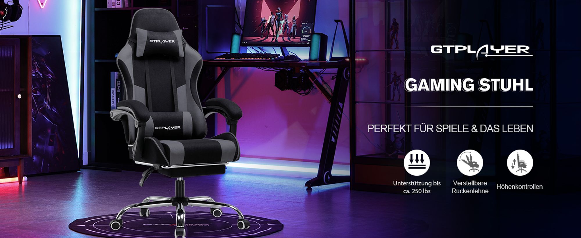 GTPLAYER Bürostuhl Gaming Stuhl Stoff Gaming Sessel Ergonomischer Gamer Stuhl mit Fußstütze, Kopfstütze Lendenkissen, Gepolstert Gaming Chair, grau