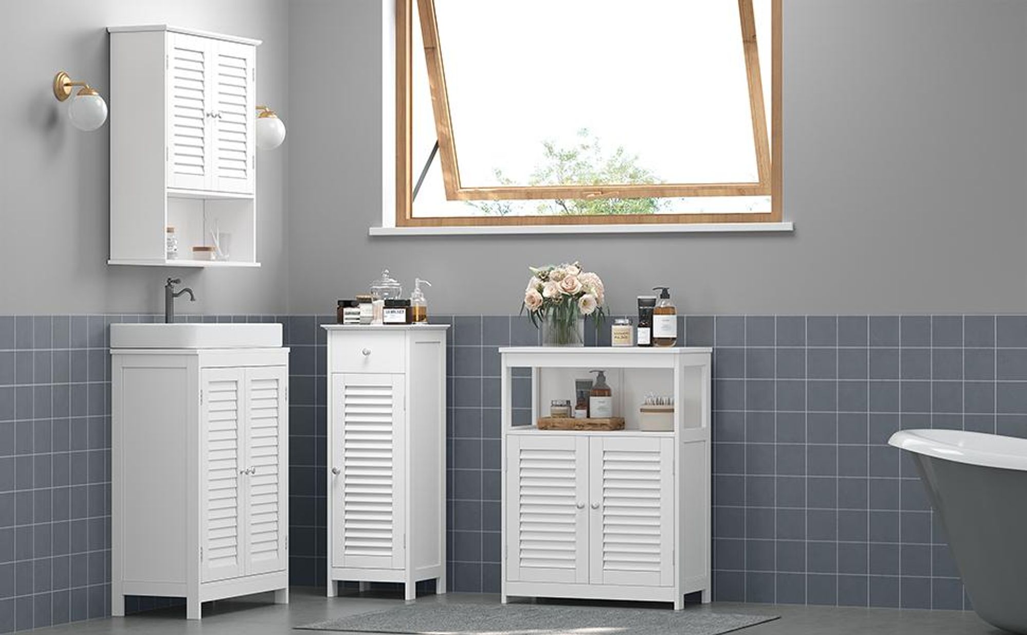 VASAGLE Badkommode Badezimmerschrank mit offenem Fach mit 2 Türen Weiß