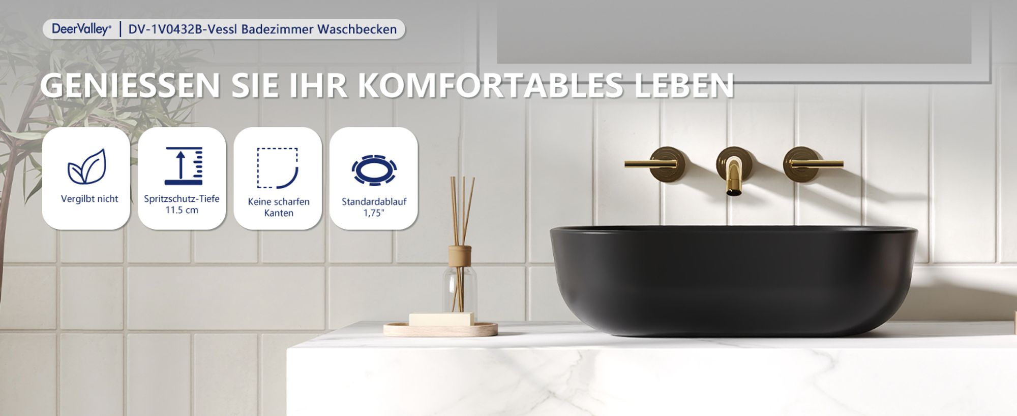Schwarzes Keramik Aufbauwaschbecken rechteckig 50 × 40 × 14,5 cm – Modernes Bad Design von DeerValley