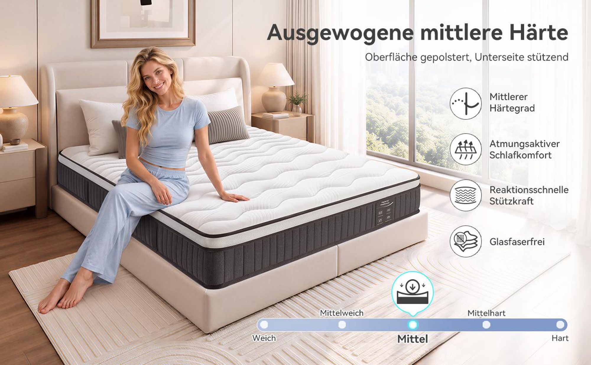 Matratze 180x200 22cm Integrierter Topper Matratze 7 zonen Taschenfederkernmatratze H3/H4