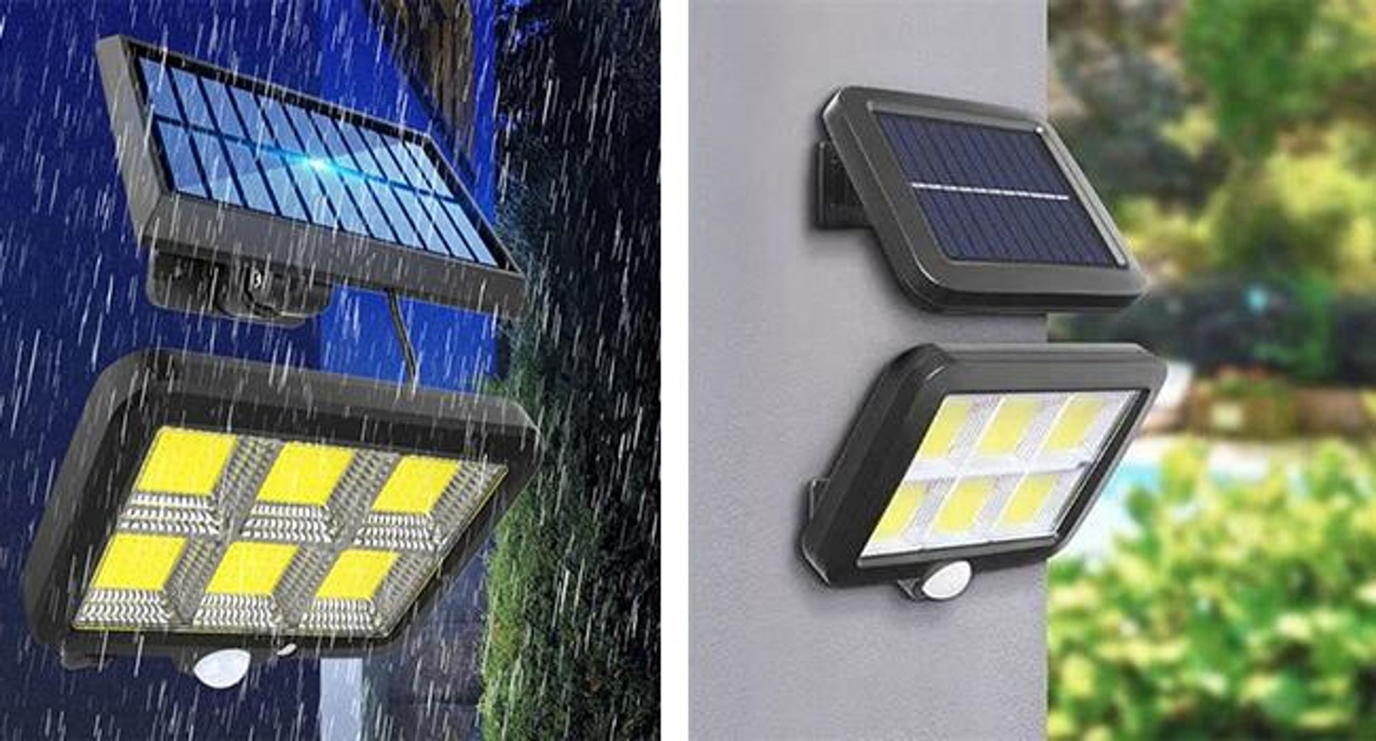 KRUMAD Solarleuchte Außen 120 COB 400 lm mit Bewegungsmelder & Dämmerungssensor, 3 Modi, IP65, Fernbedienung, Solarpanel mit 5 m Kabel