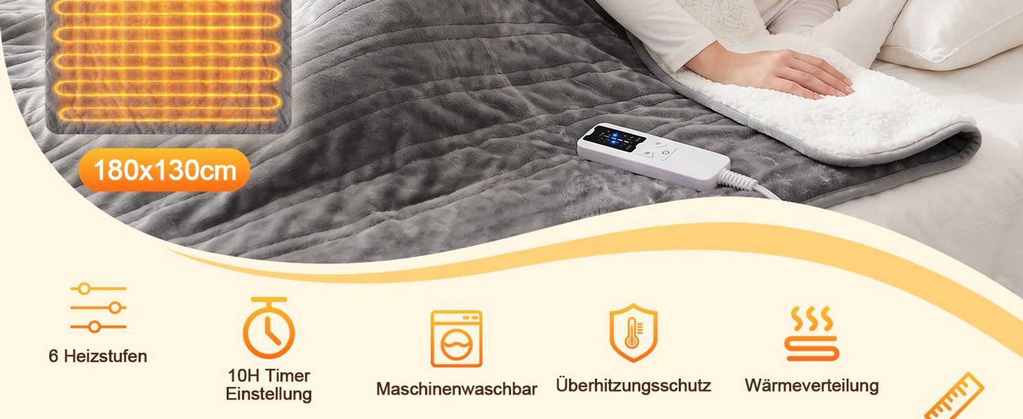 ZMH Wärmedecke Elektrisch Flanell 180x130cm Kuschelheizdecke 6 Temperaturstufen Timer Funktion Elektrische Wärmeunterbett für Bett Sofa Dunkelgrau