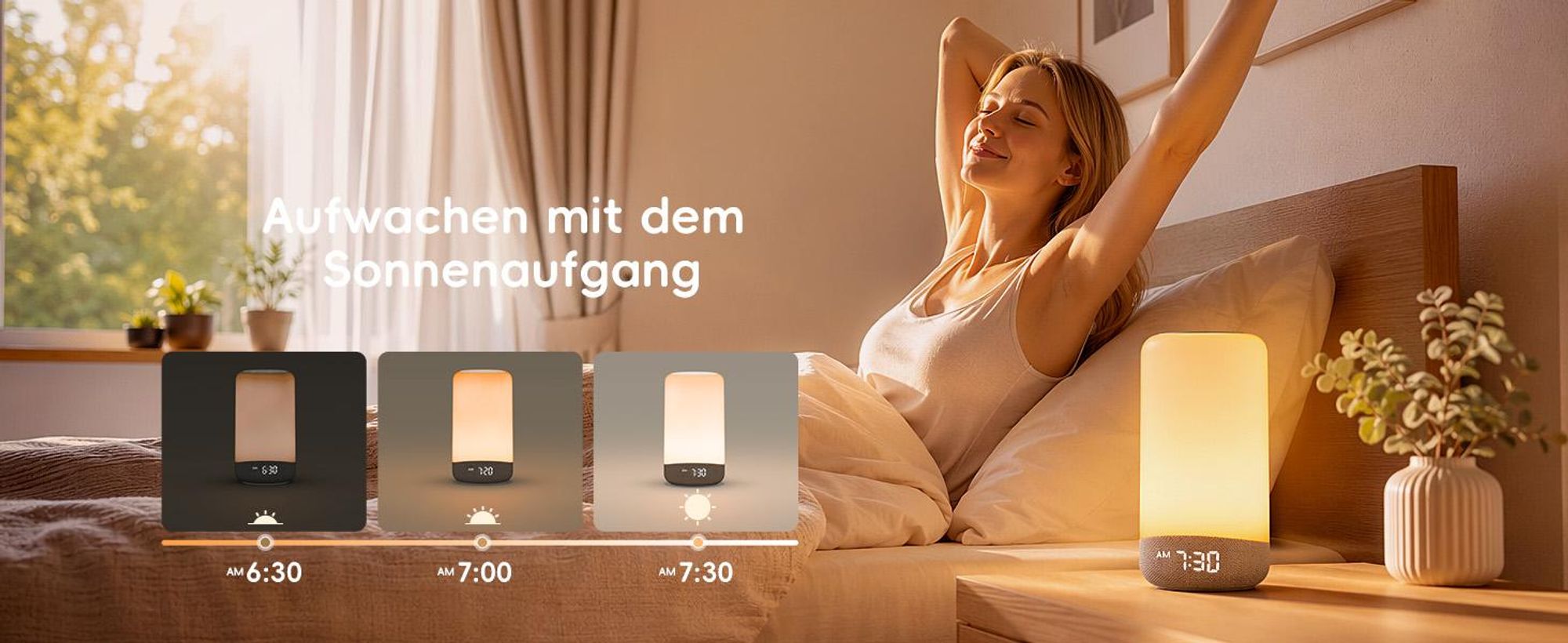 ecozy Tageslichtwecker 3-in-1 Lichtwecker Sonnenaufgangssimulation, Weißes Rauschen, Nachtlicht, mit 26 Klängen, 17 Lichteffekten und App-Steuerung