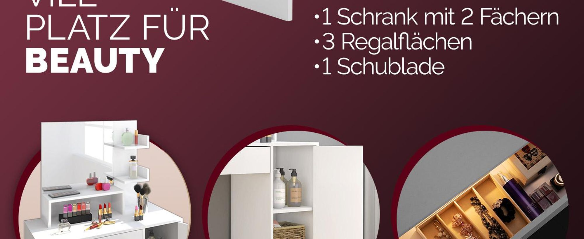 CASARIA Schminktisch mit Spiegel 90 x 40 cm