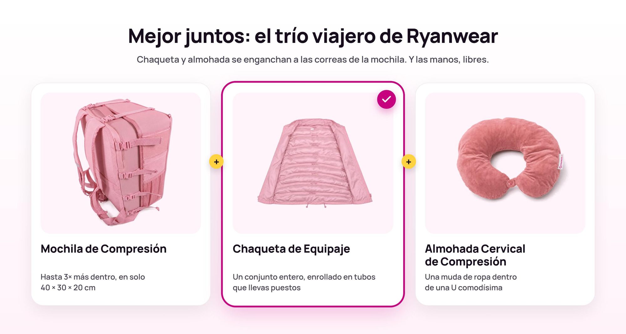 Mochila de Compresión Ryanwear con la Chaqueta de Equipaje y la Almohada Cervical enganchadas