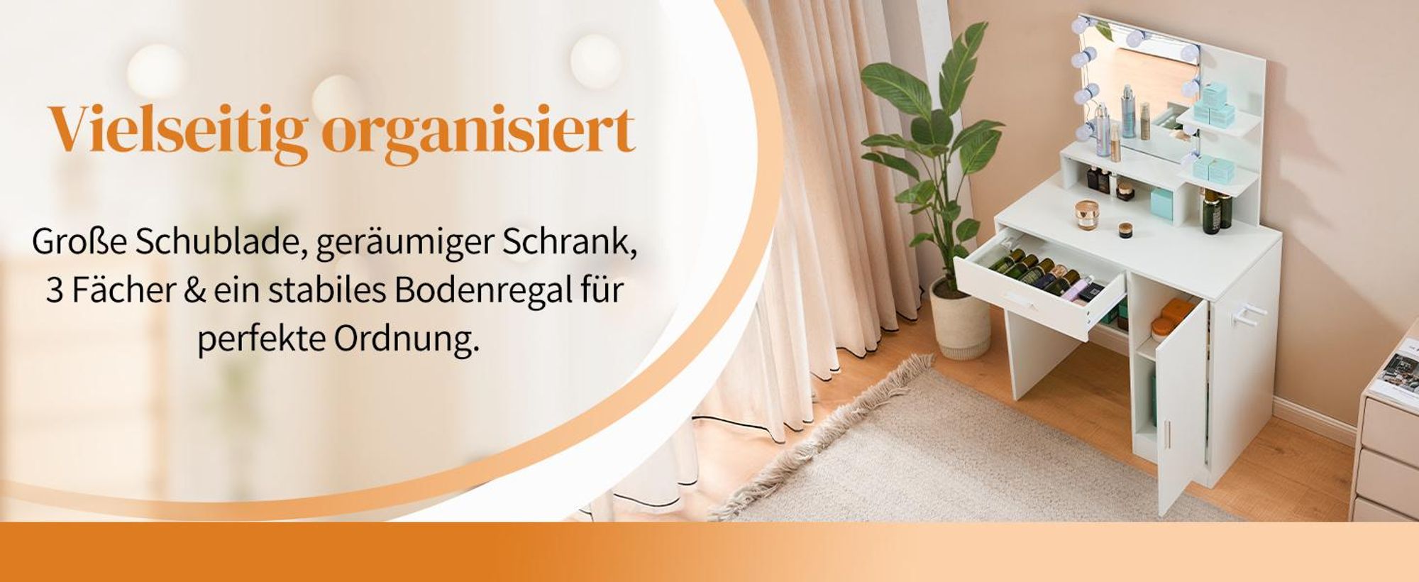 FCH Schminktisch mit LED-Beleuchtung & Spiegel, 3 Farben Verstellbarer Helligkeit, Frisiertisch mit Schublade, Schrank & Föhnhalter, 80x40x130 cm