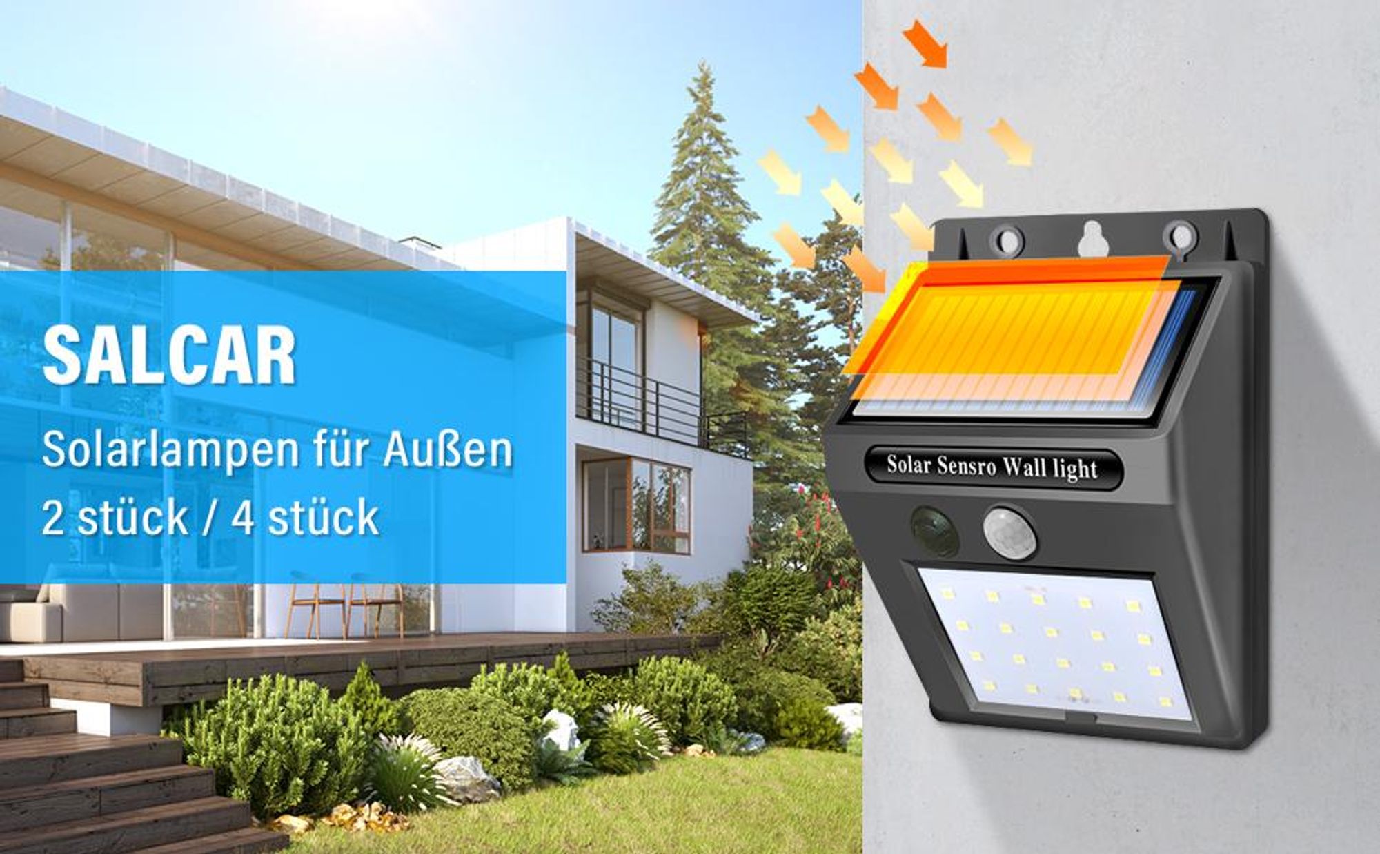Salcar LED Solarleuchten Solarlampen für Außen mit Bewegungsmelder Wandleuchte Gartenleuchte Außen 3 Modi Wasserdichte Wandleuchte