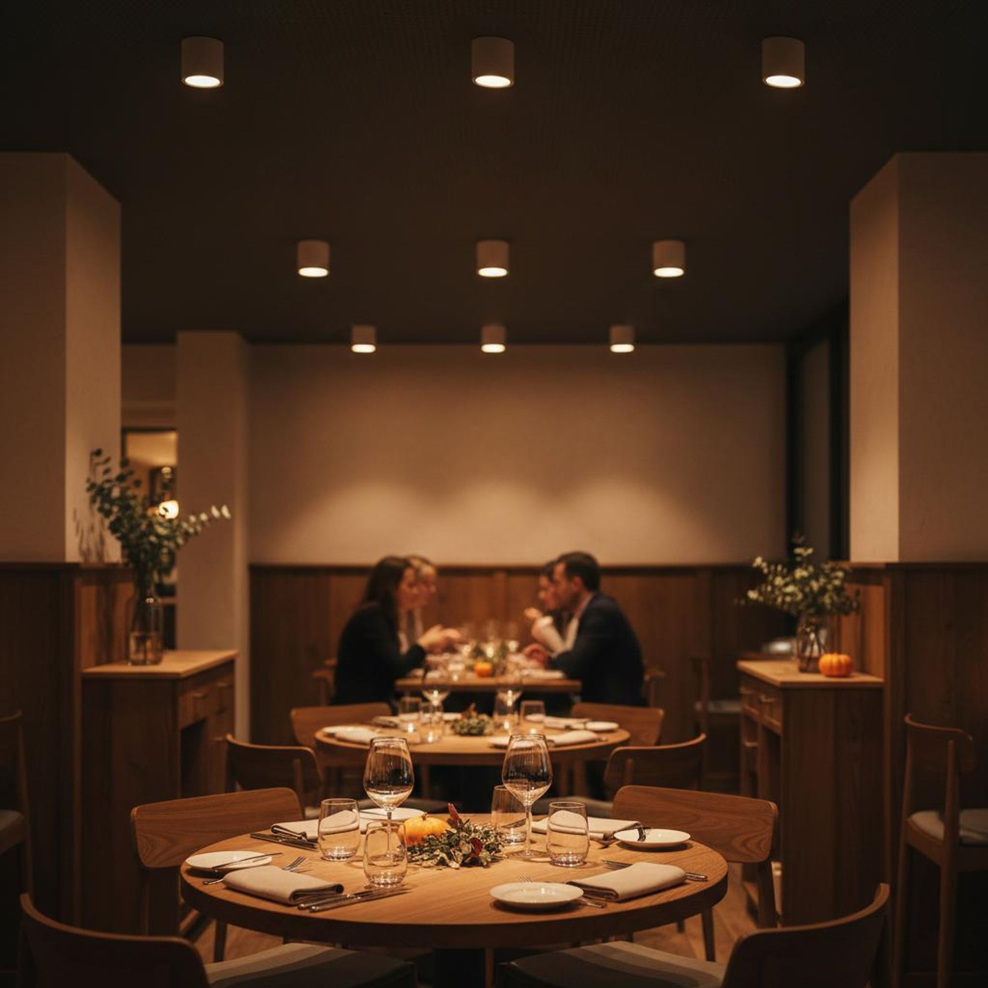 Deckenstrahler in einem stimmungsvollen Restaurant.