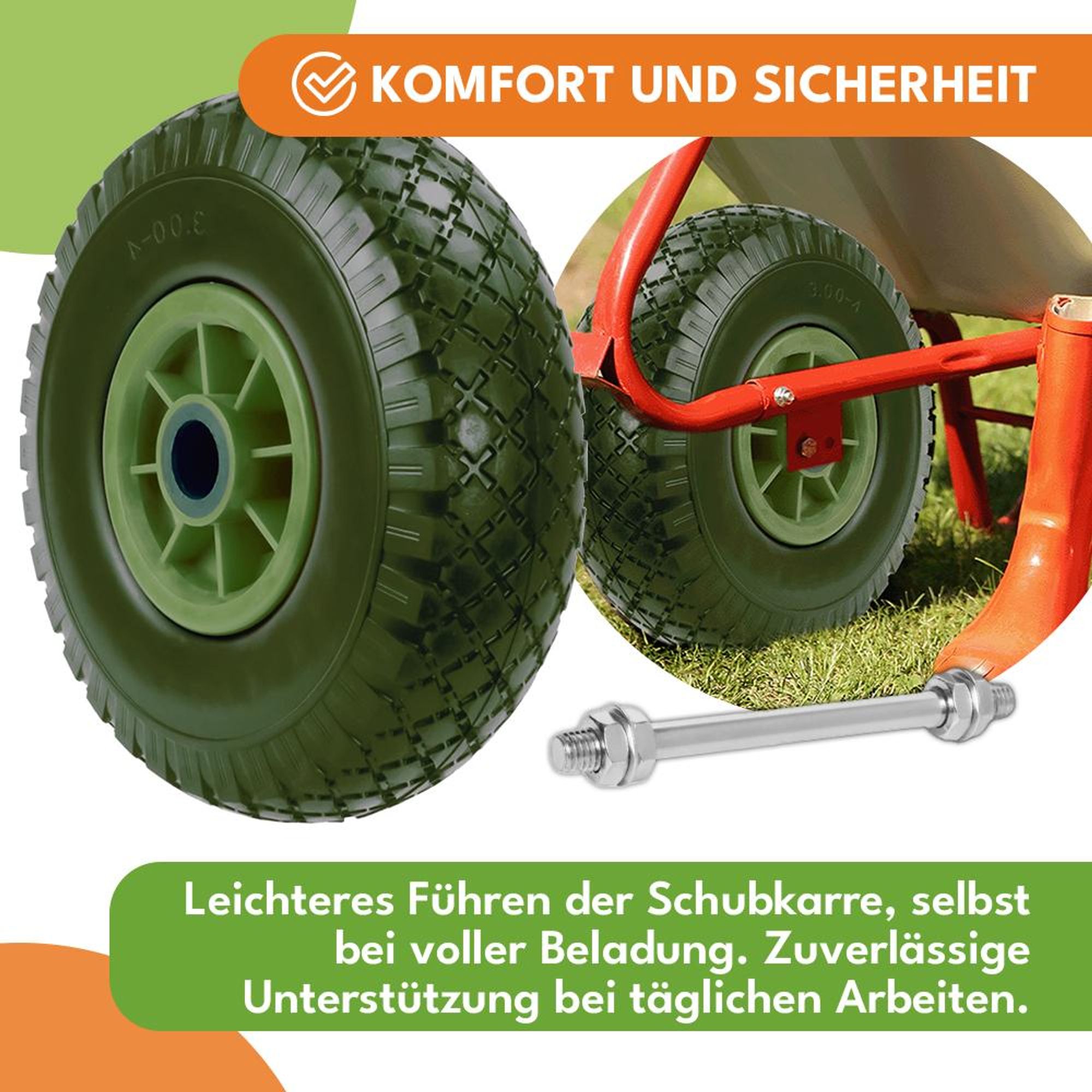 KRUMAD Schubkarrenrad Vollgummi 3.00-4, Polyurethanpannensicheres Ersatzrad mit Achse und Stahlfelge für Schubkarre & Sackkarre